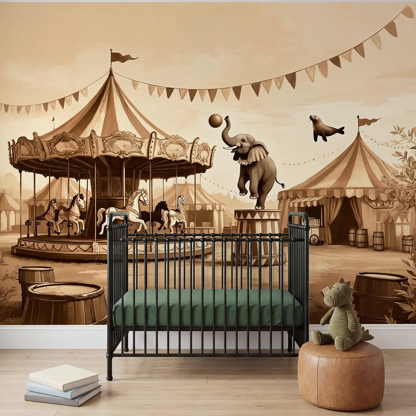 Soft pastel carousel and circus tent carnival wallpaper mural for boys room by Whimsy Tots