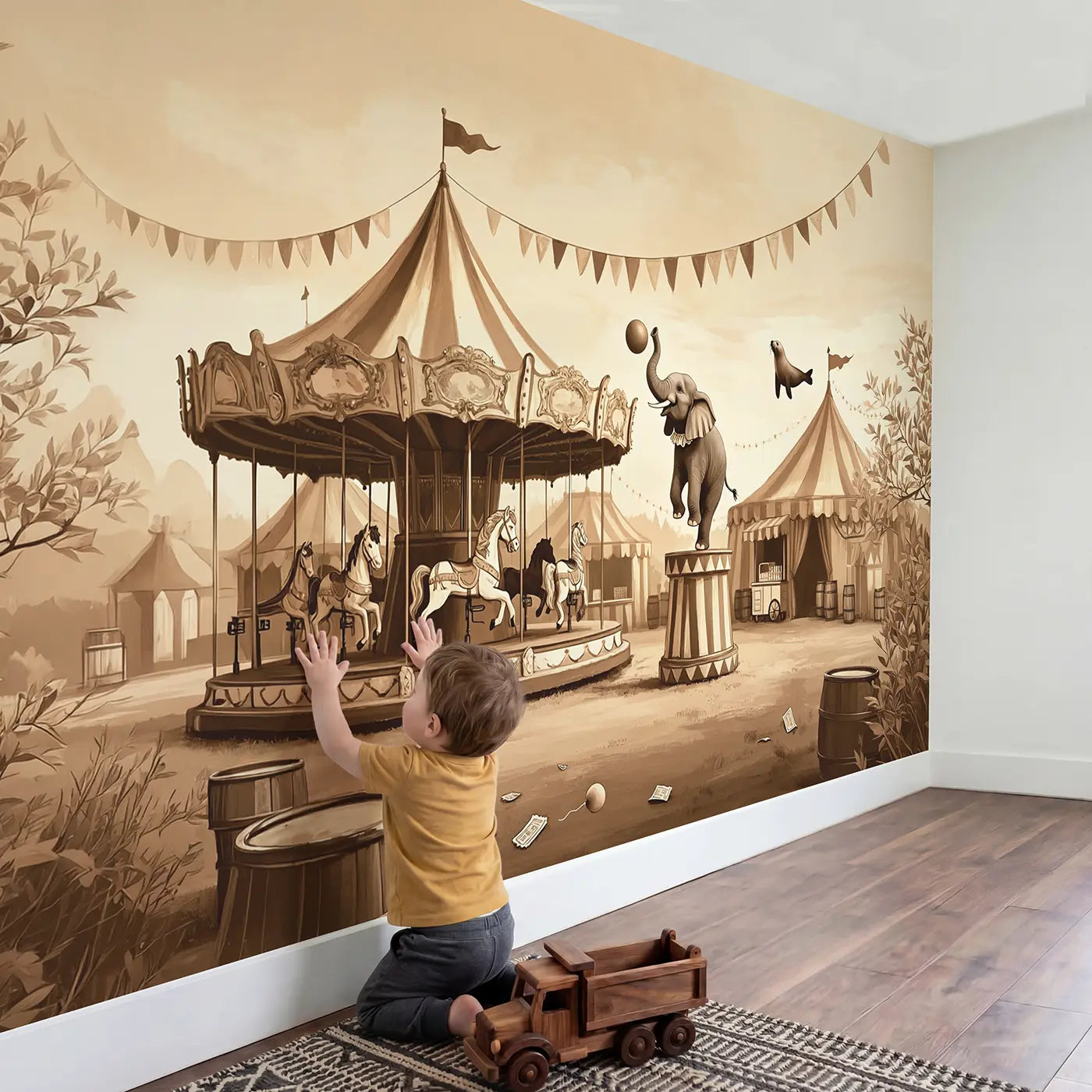 Child in nursery with Circus Carousel Dreams Wallpaper Mural by Whimsy Tots