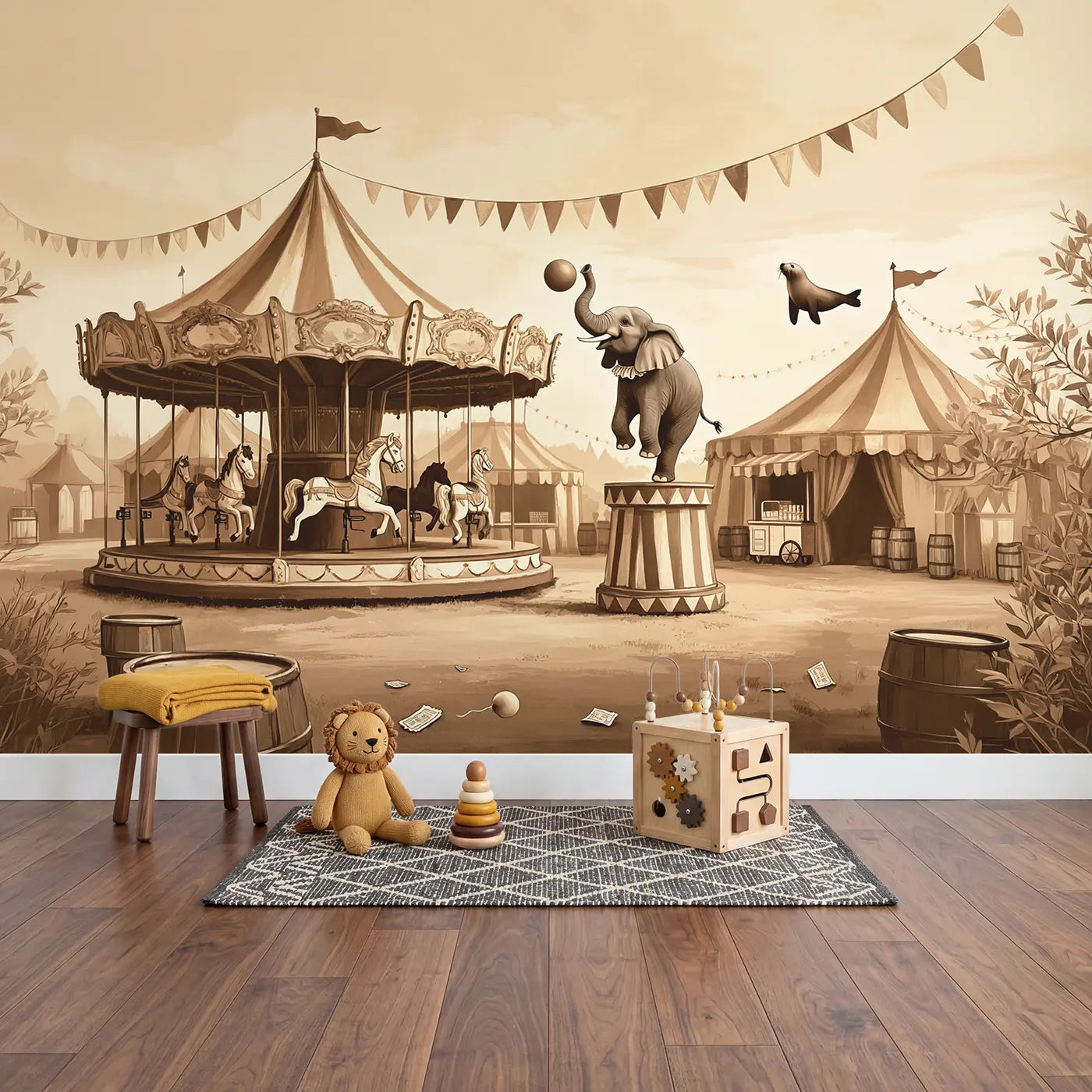 Circus Carousel Dreams Wallpaper Mural in playroom setting by Whimsy Tots