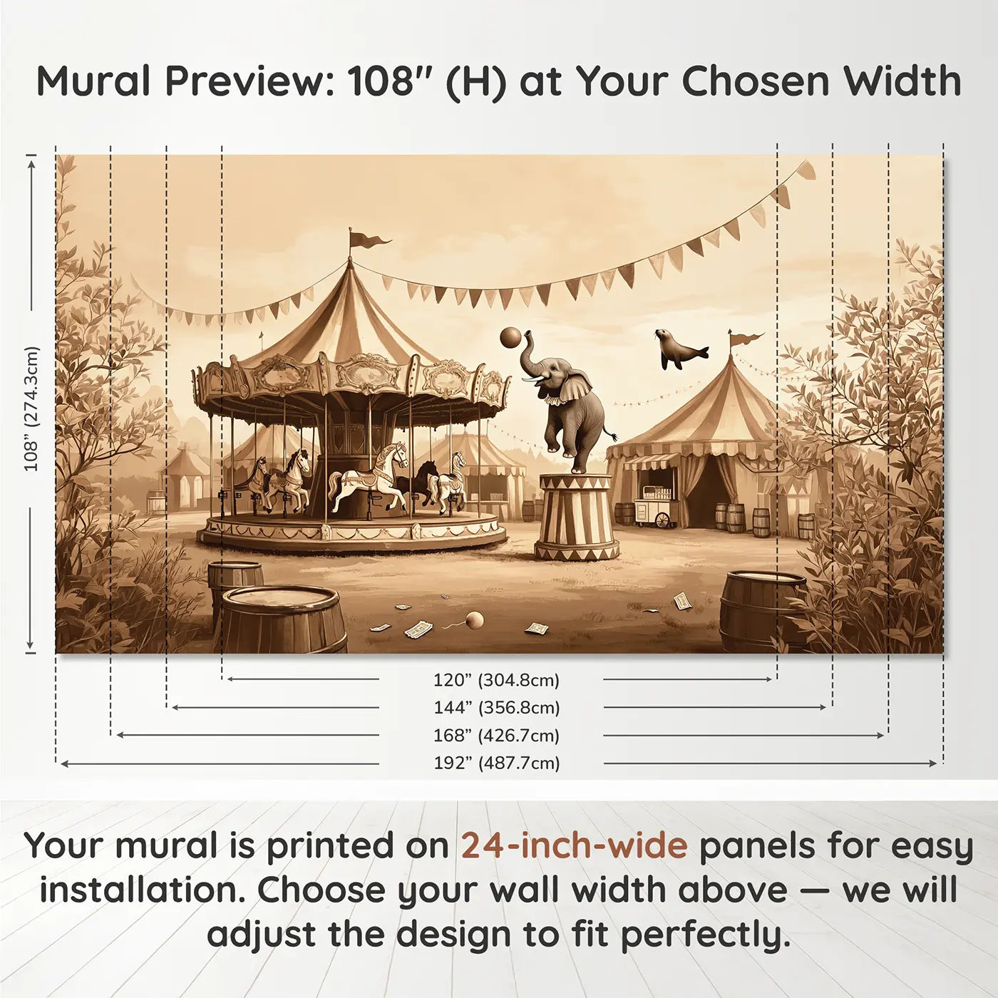 Panel layout and dimensions for Circus Carousel Dreams Wallpaper Mural by Whimsy Tots