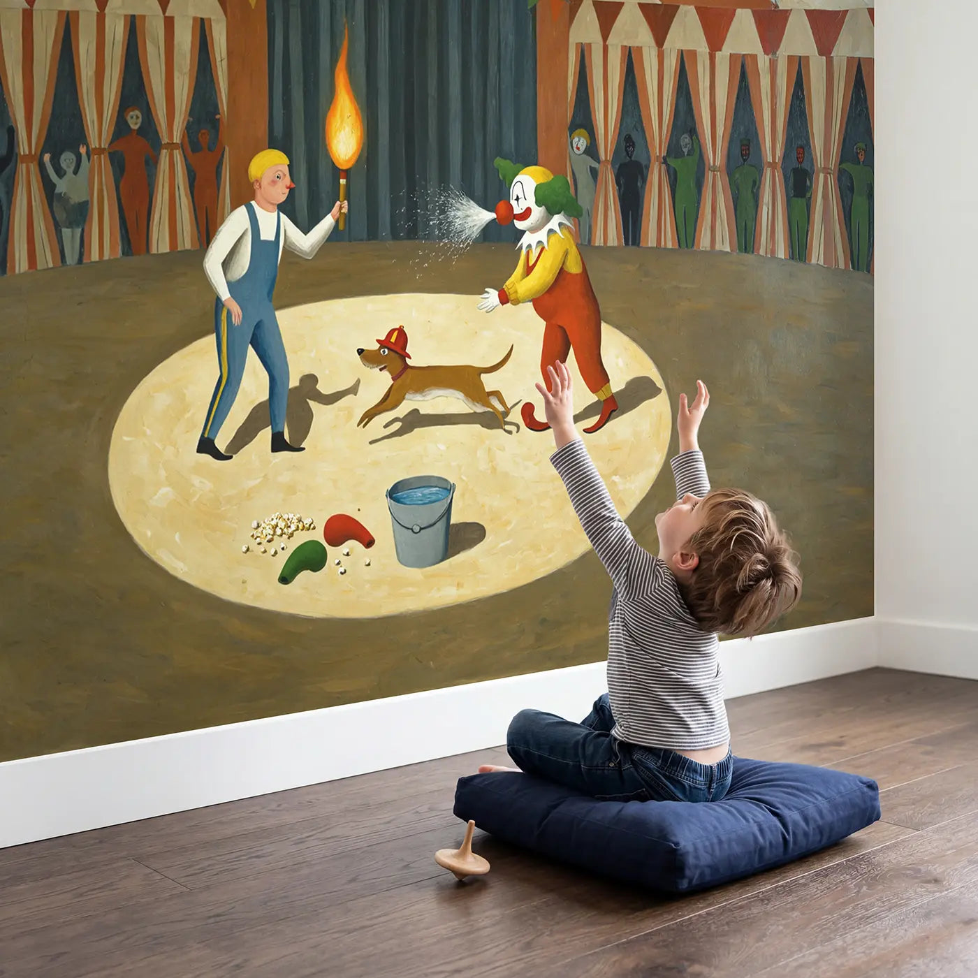 Child in nursery with Circus Fire and Water Act Wallpaper Mural by Whimsy Tots