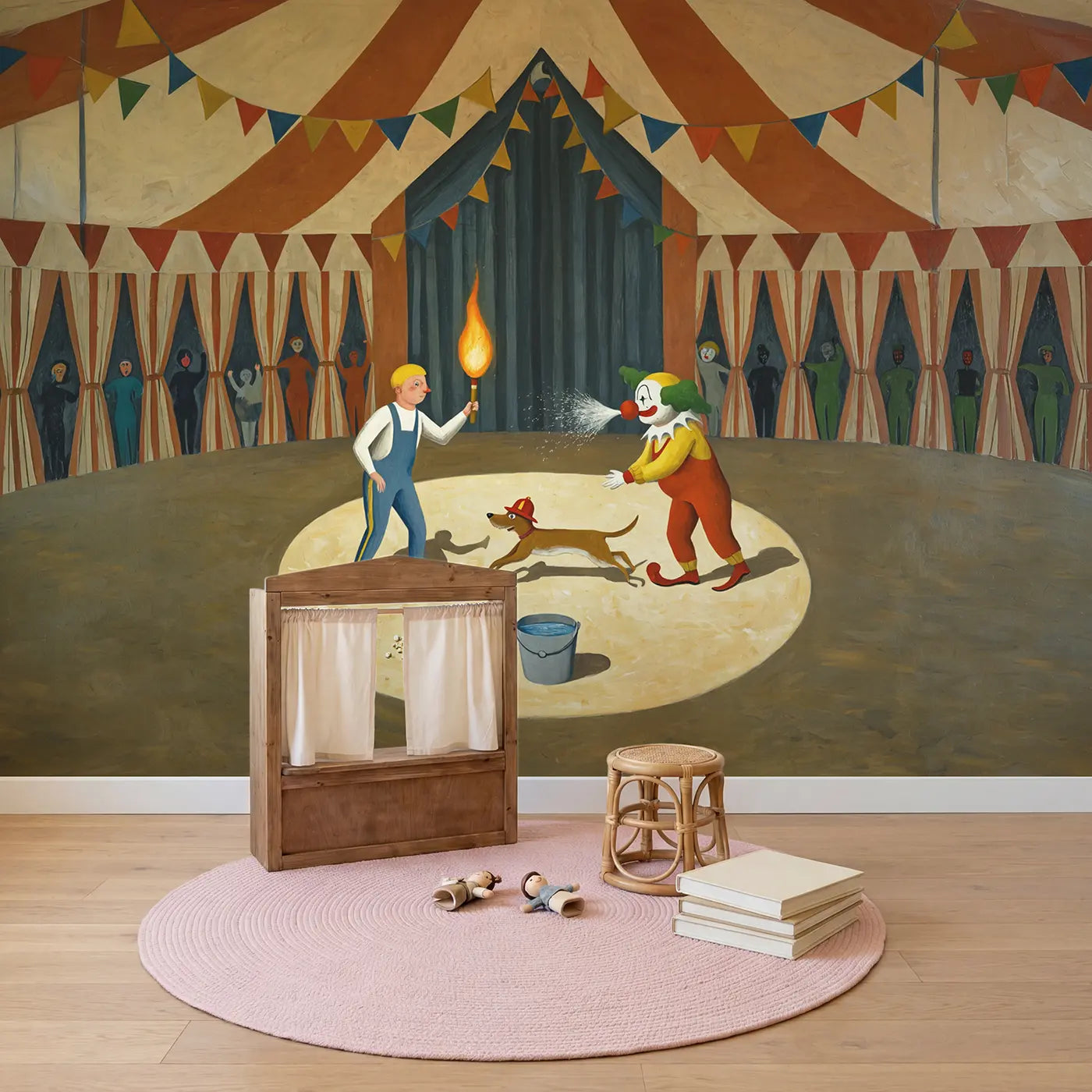 Circus Fire and Water Act Wallpaper Mural in playroom setting by Whimsy Tots