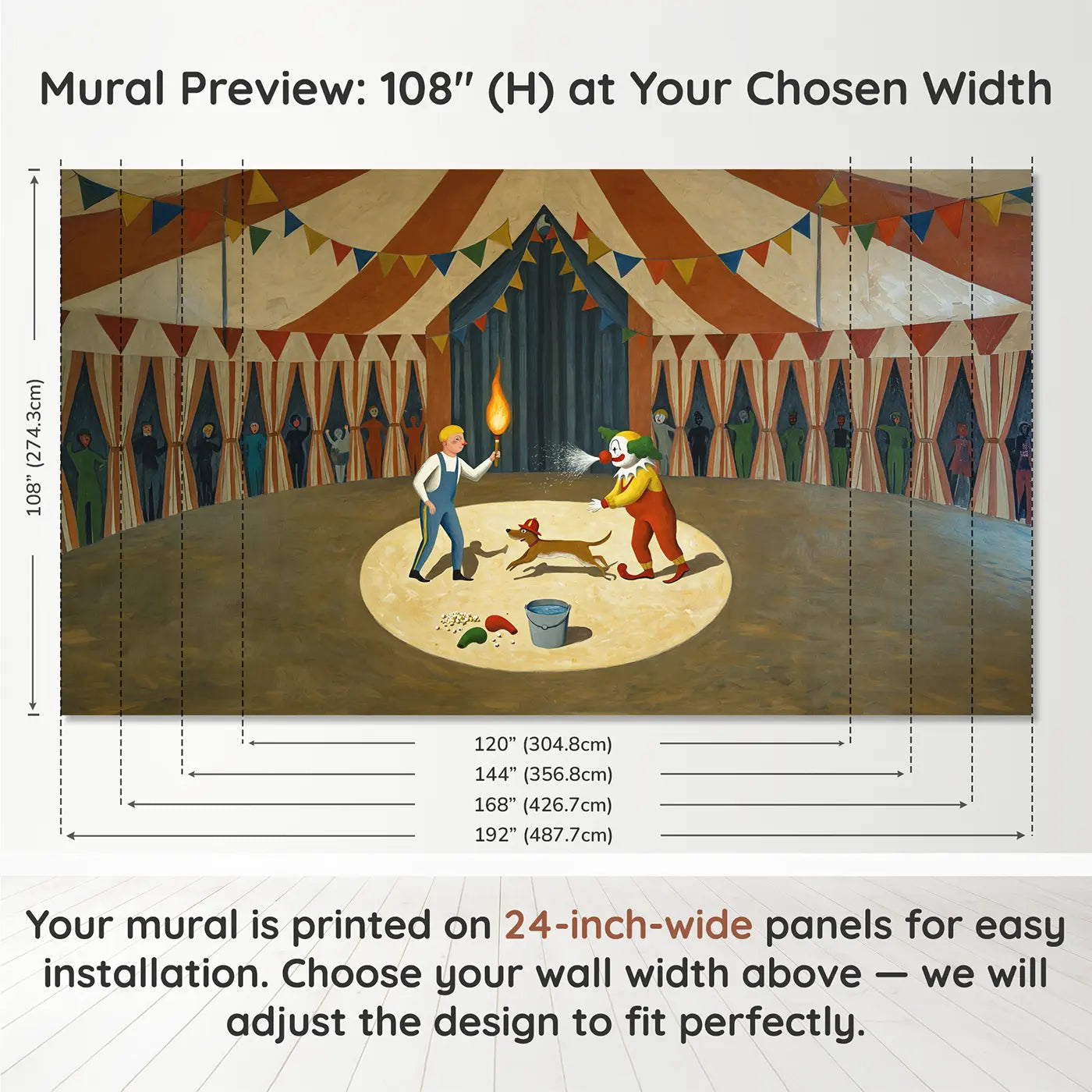 Panel layout and dimensions for Circus Fire and Water Act Wallpaper Mural by Whimsy Tots