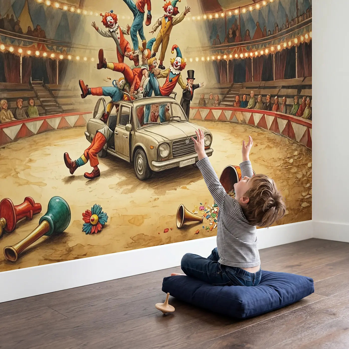 Child in nursery with Circus Clown Car Comedy Wallpaper Mural by Whimsy Tots