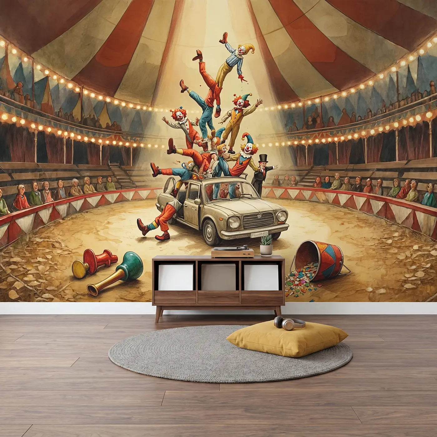 Circus Clown Car Comedy Wallpaper Mural in playroom setting by Whimsy Tots