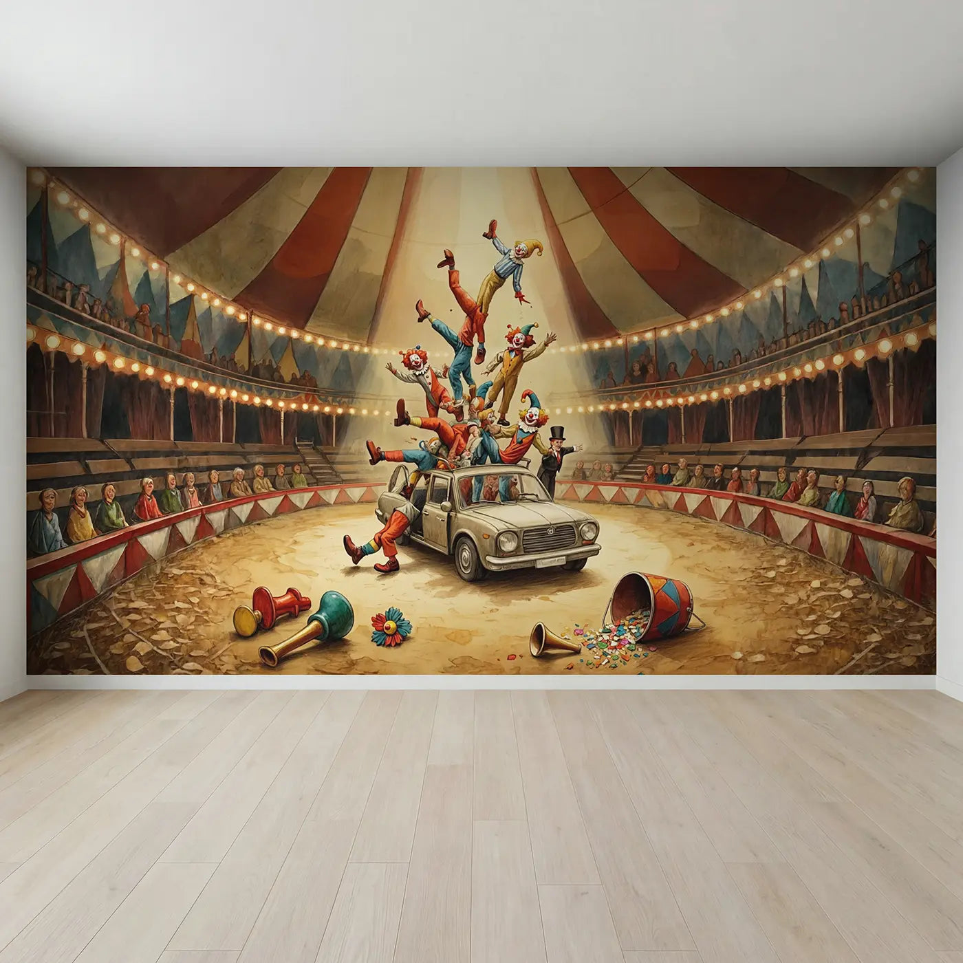 Full view of Circus Clown Car Comedy Wallpaper Mural by Whimsy Tots