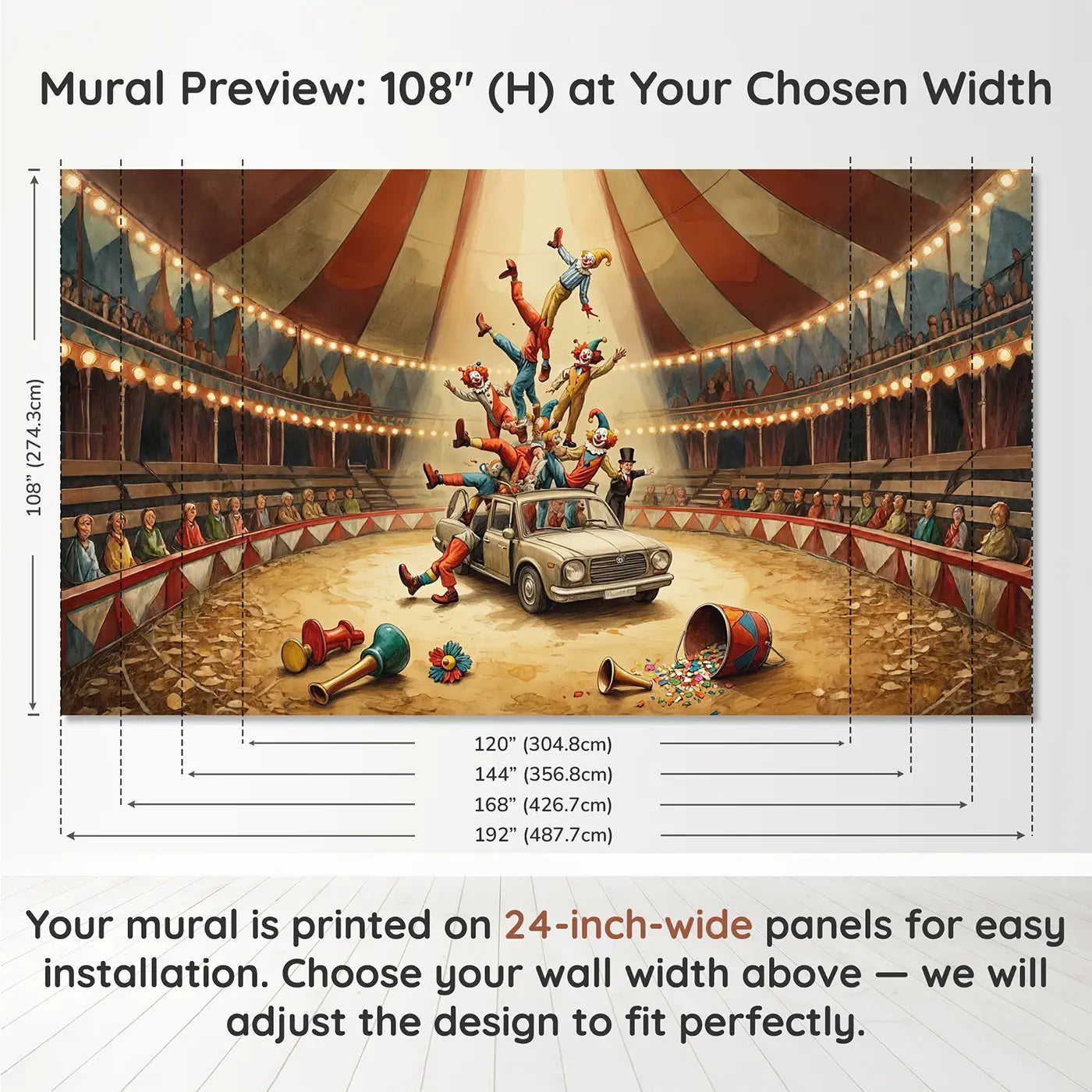 Panel layout and dimensions for Circus Clown Car Comedy Wallpaper Mural by Whimsy Tots