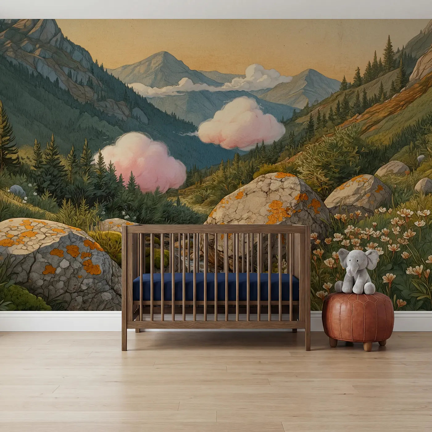 storybook cotton candy circus clouds wallpaper mural for nursery by Whimsy Tots