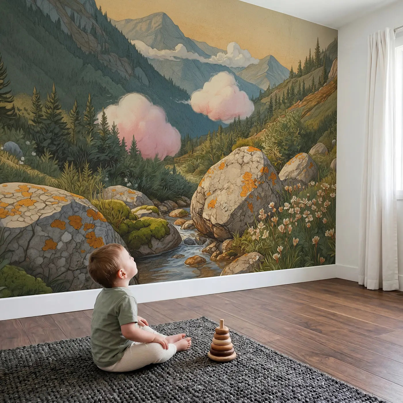 Child in nursery with Cotton Candy Cloud Bigger Wallpaper Mural by Whimsy Tots
