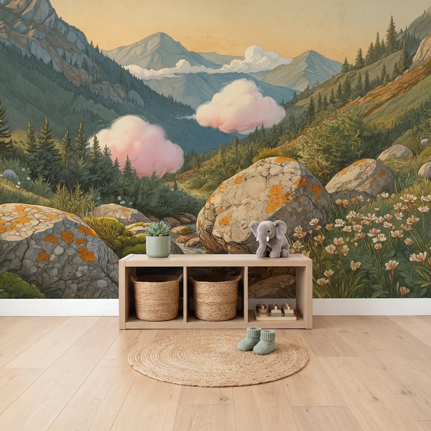 Cotton Candy Cloud Bigger Wallpaper Mural in playroom setting by Whimsy Tots