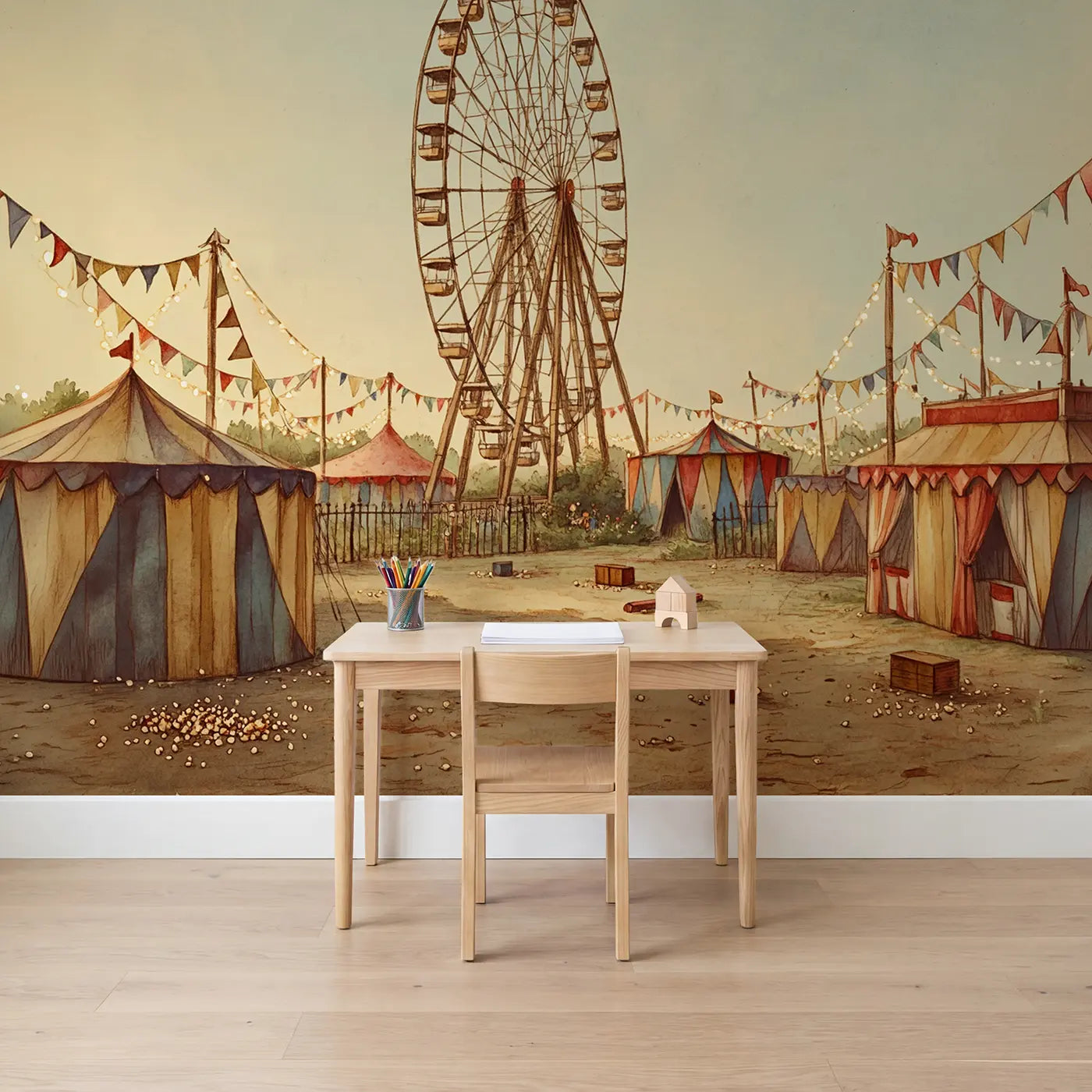 Storybook ferris wheel carnival fairground wallpaper mural for kids room by Whimsy Tots