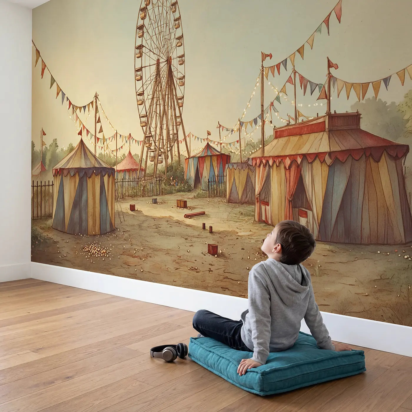 Child in nursery with Ferris Wheel Car Top Wallpaper Mural by Whimsy Tots