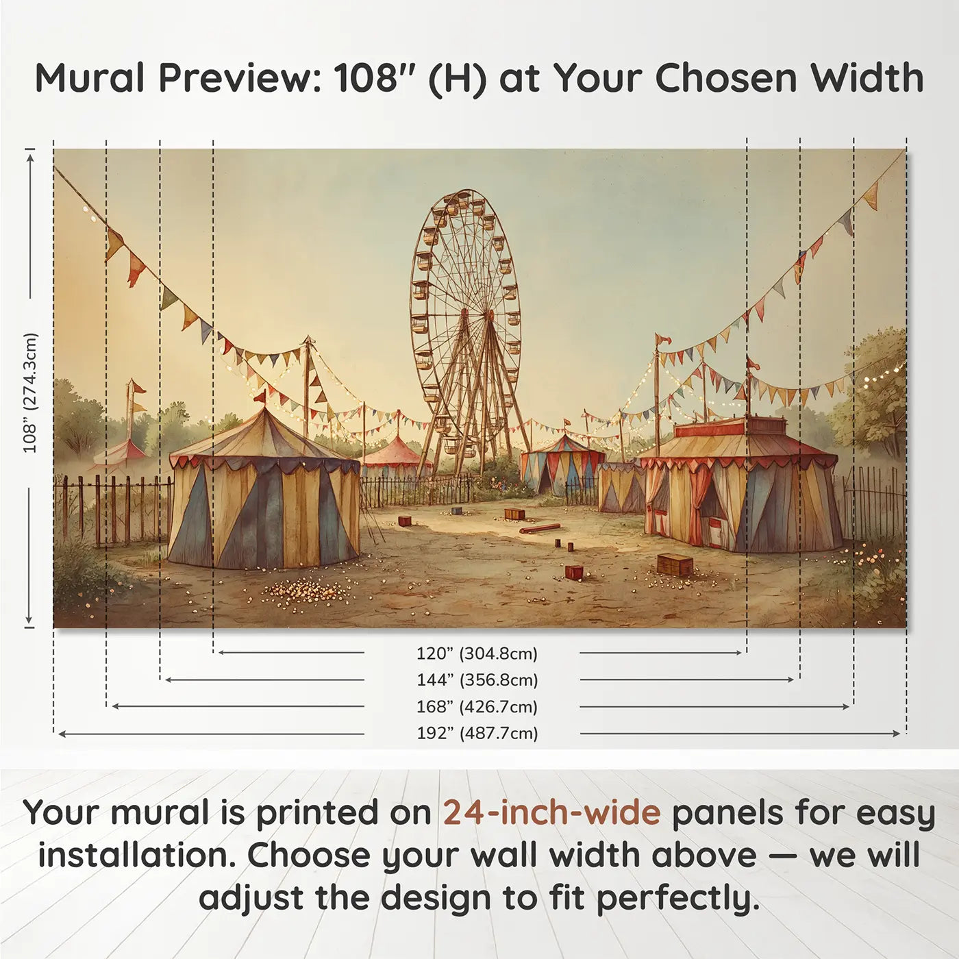 Panel layout and dimensions for Ferris Wheel Car Top Wallpaper Mural by Whimsy Tots