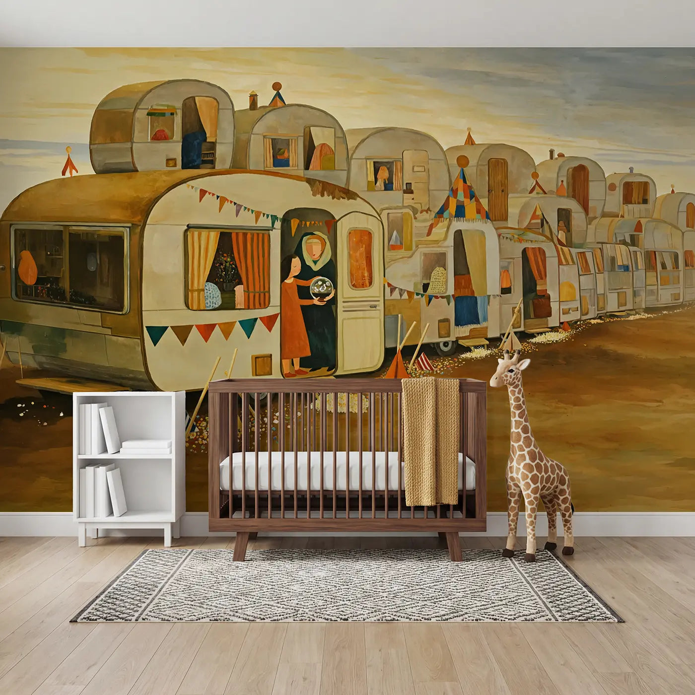 Modern illustration fortune teller carnival wallpaper mural for kids room by Whimsy Tots