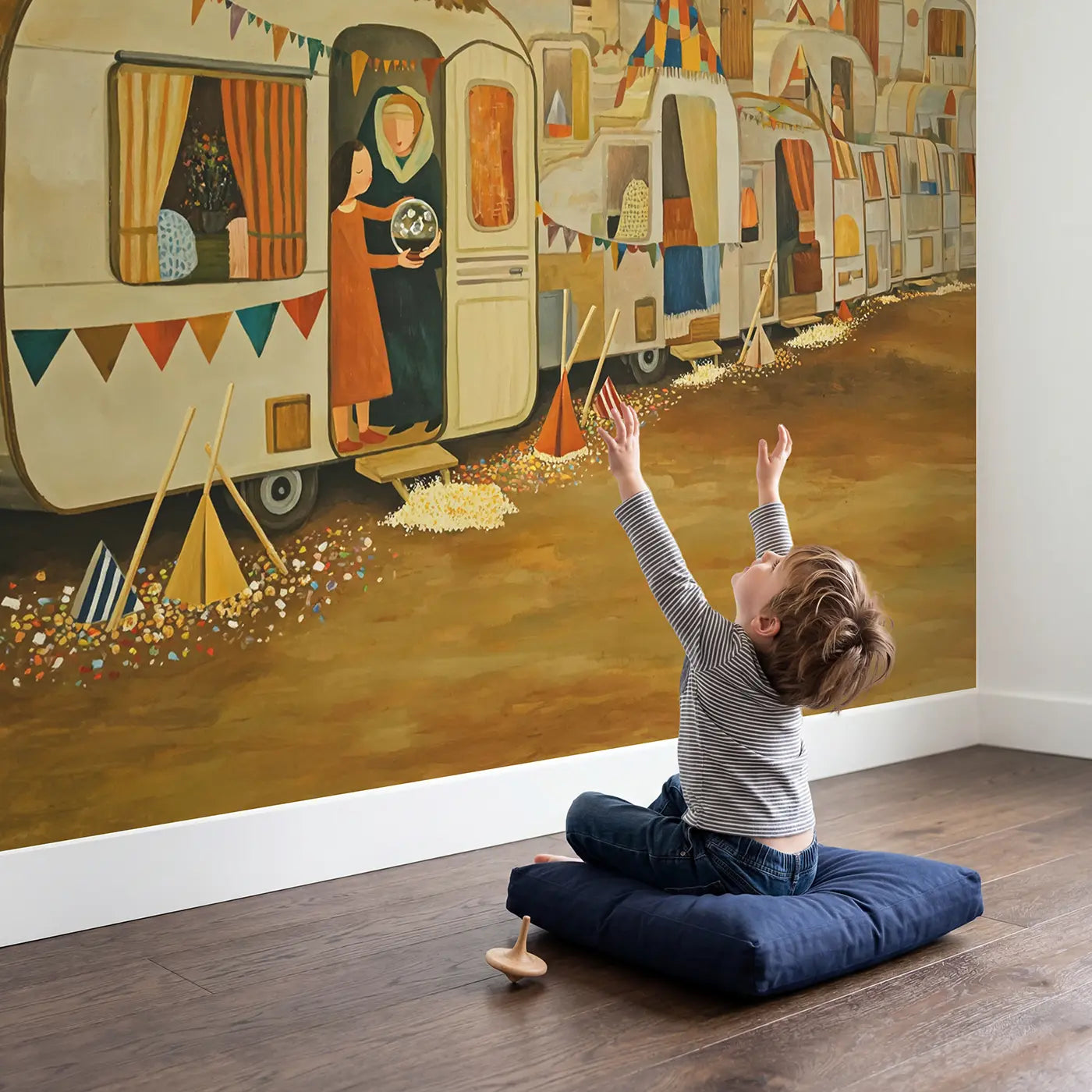 Child in nursery with Fortune Teller Decorated Caravan Wallpaper Mural by Whimsy Tots