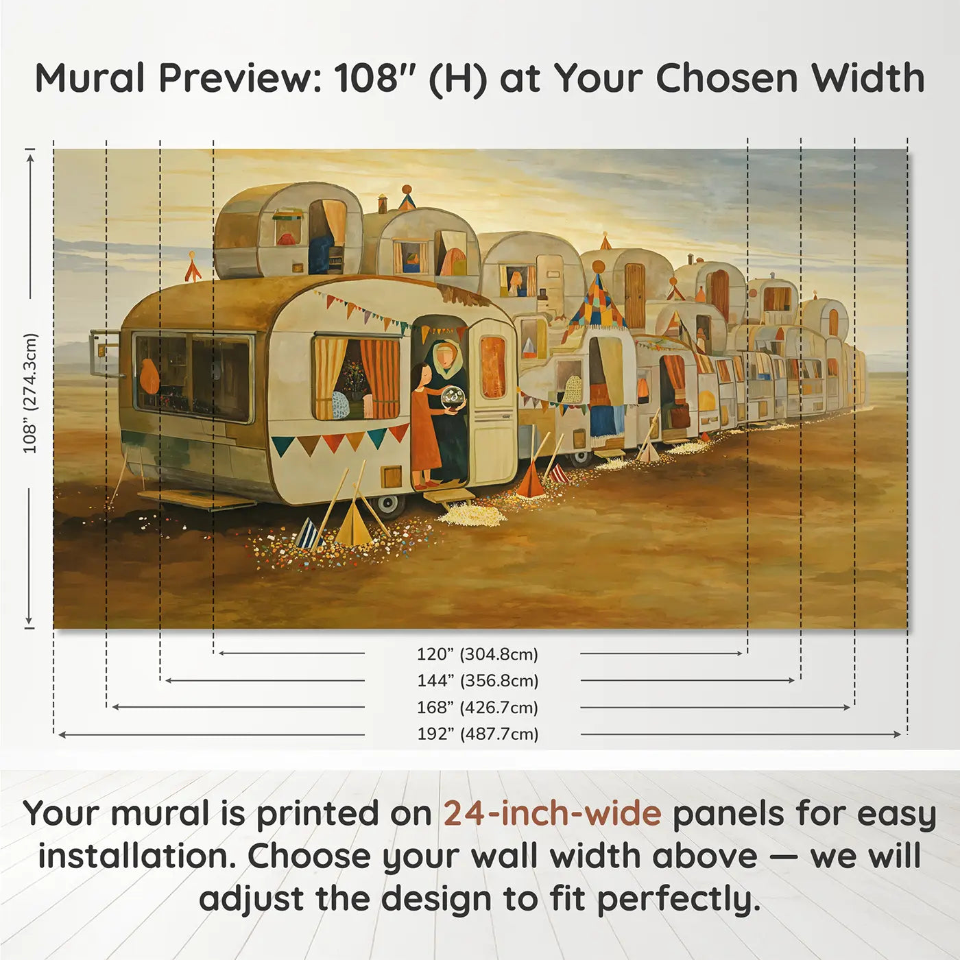 Panel layout and dimensions for Fortune Teller Decorated Caravan Wallpaper Mural by Whimsy Tots