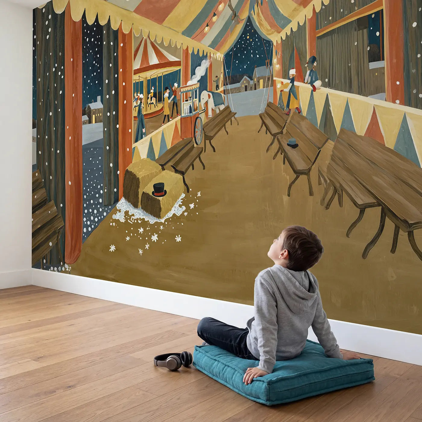 Child in nursery with Winter Circus Night Wallpaper Mural by Whimsy Tots
