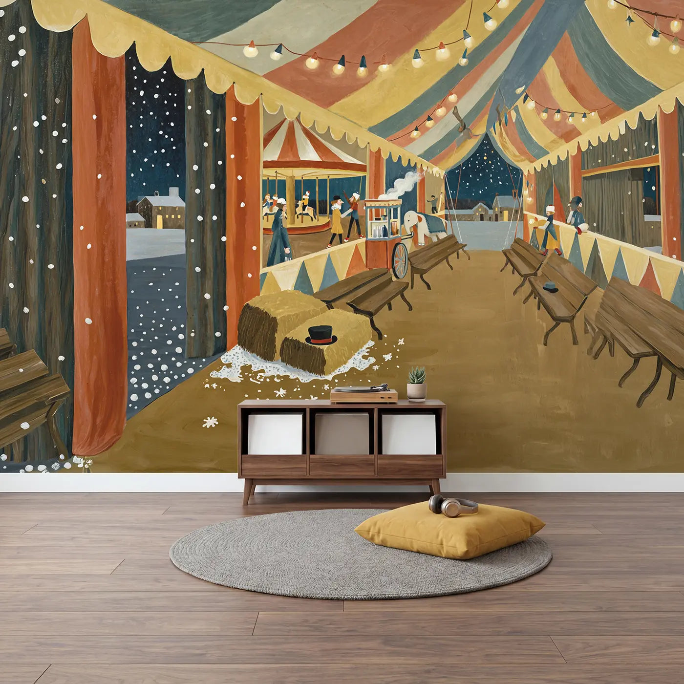 Winter Circus Night Wallpaper Mural in playroom setting by Whimsy Tots