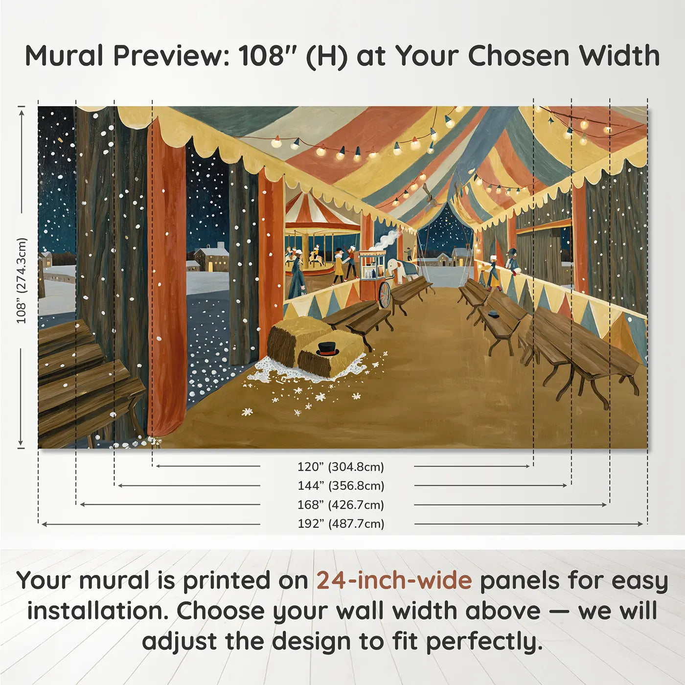 Panel layout and dimensions for Winter Circus Night Wallpaper Mural by Whimsy Tots