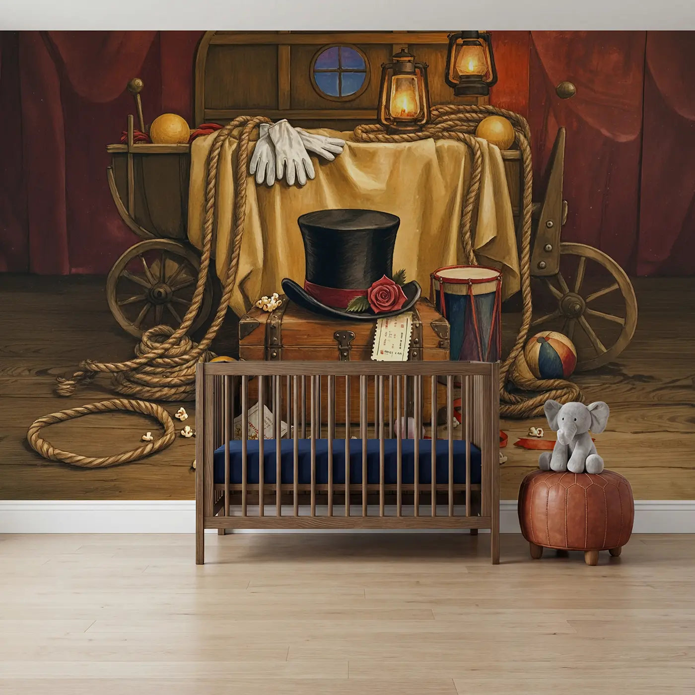 Storybook circus top hat carousel ticket wallpaper mural for nursery by Whimsy Tots