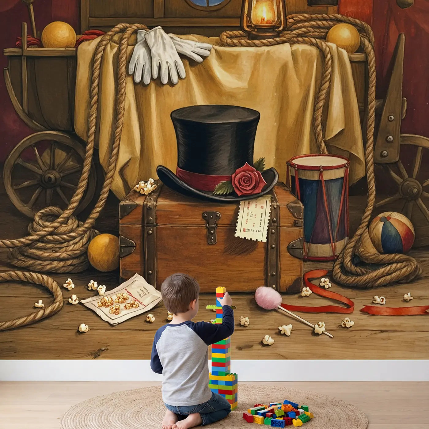 Child in nursery with Circus Top Hat Invitation Wallpaper Mural by Whimsy Tots