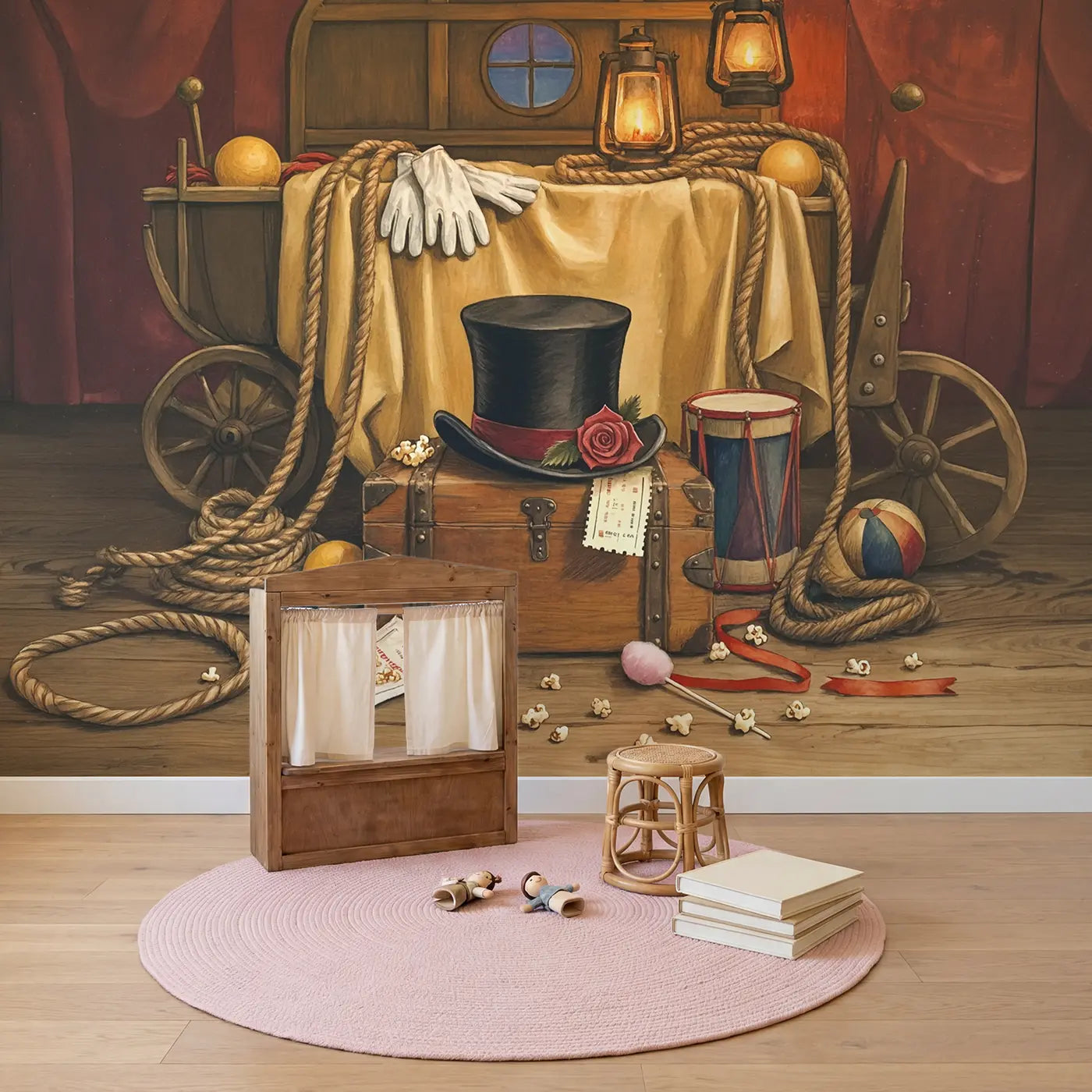 Circus Top Hat Invitation Wallpaper Mural in playroom setting by Whimsy Tots