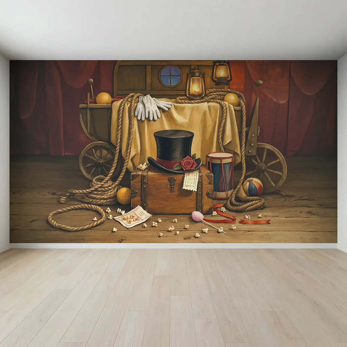 Full view of Circus Top Hat Invitation Wallpaper Mural by Whimsy Tots