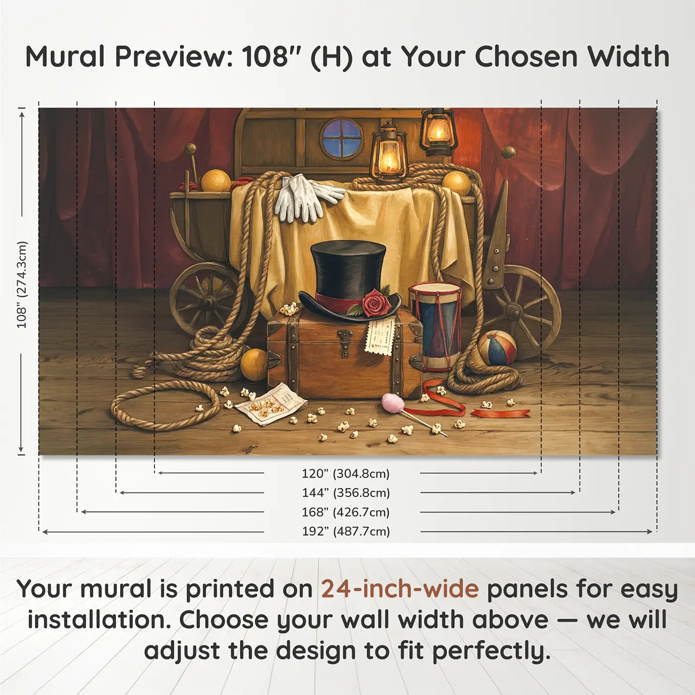 Panel layout and dimensions for Circus Top Hat Invitation Wallpaper Mural by Whimsy Tots