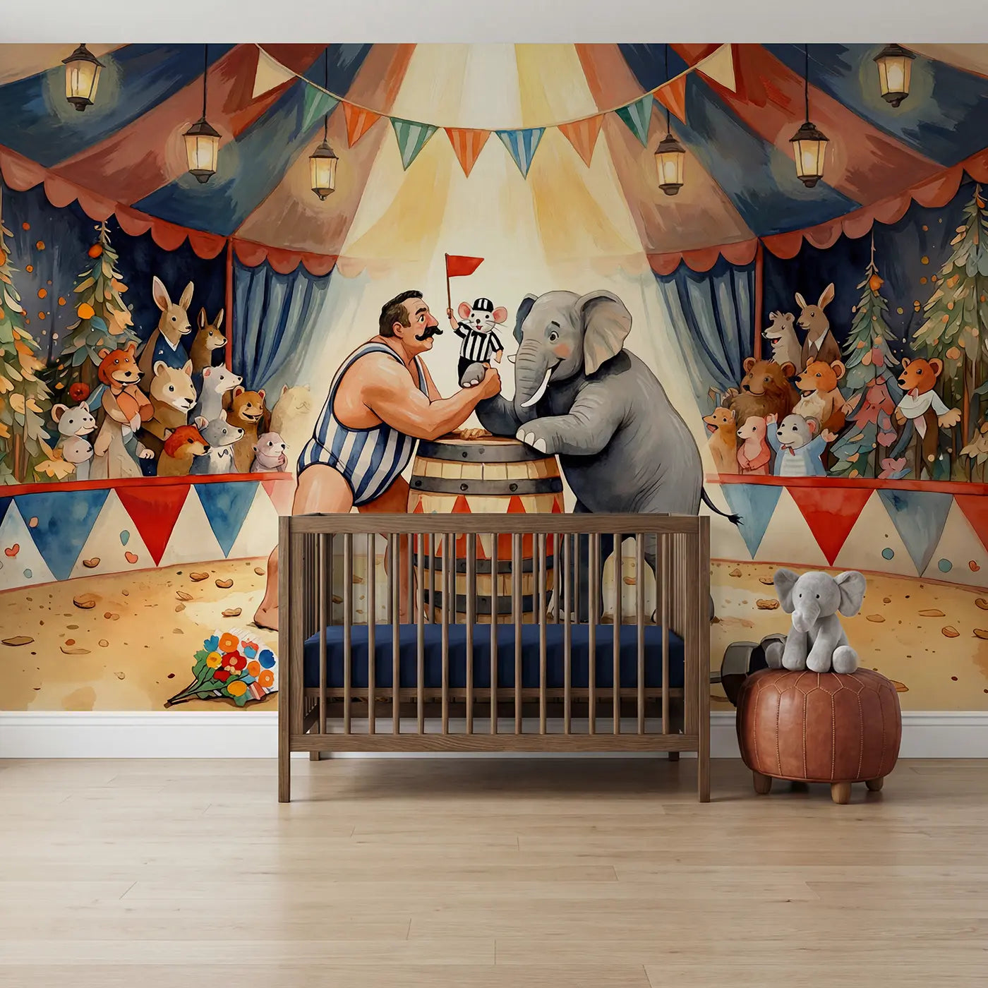Watercolor circus strongman elephant tent wallpaper mural for kids room by Whimsy Tots