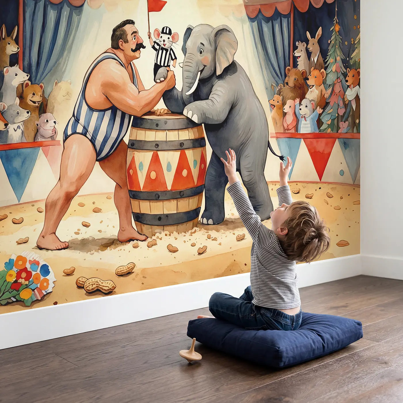 Child in nursery with Circus Strength Contest Wallpaper Mural by Whimsy Tots