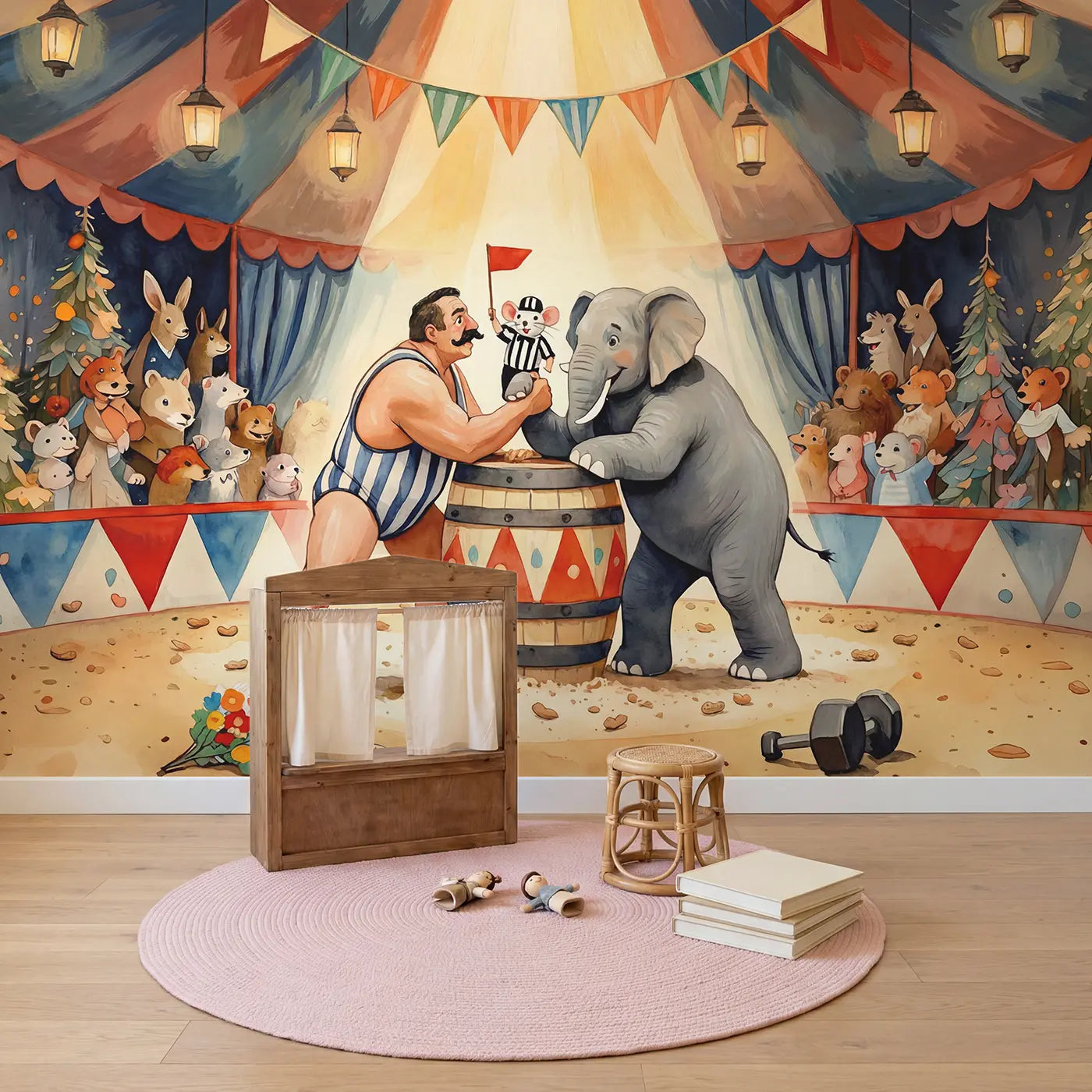 Circus Strength Contest Wallpaper Mural in playroom setting by Whimsy Tots
