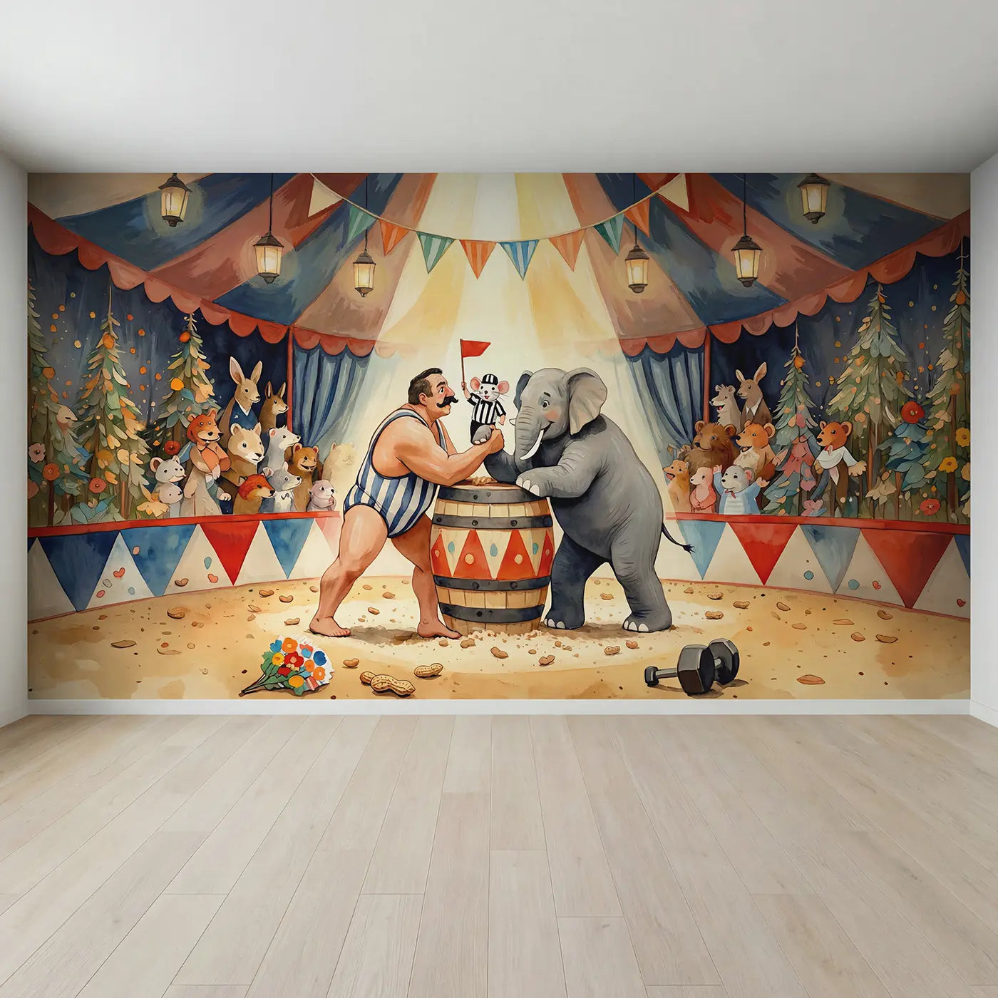Full view of Circus Strength Contest Wallpaper Mural by Whimsy Tots