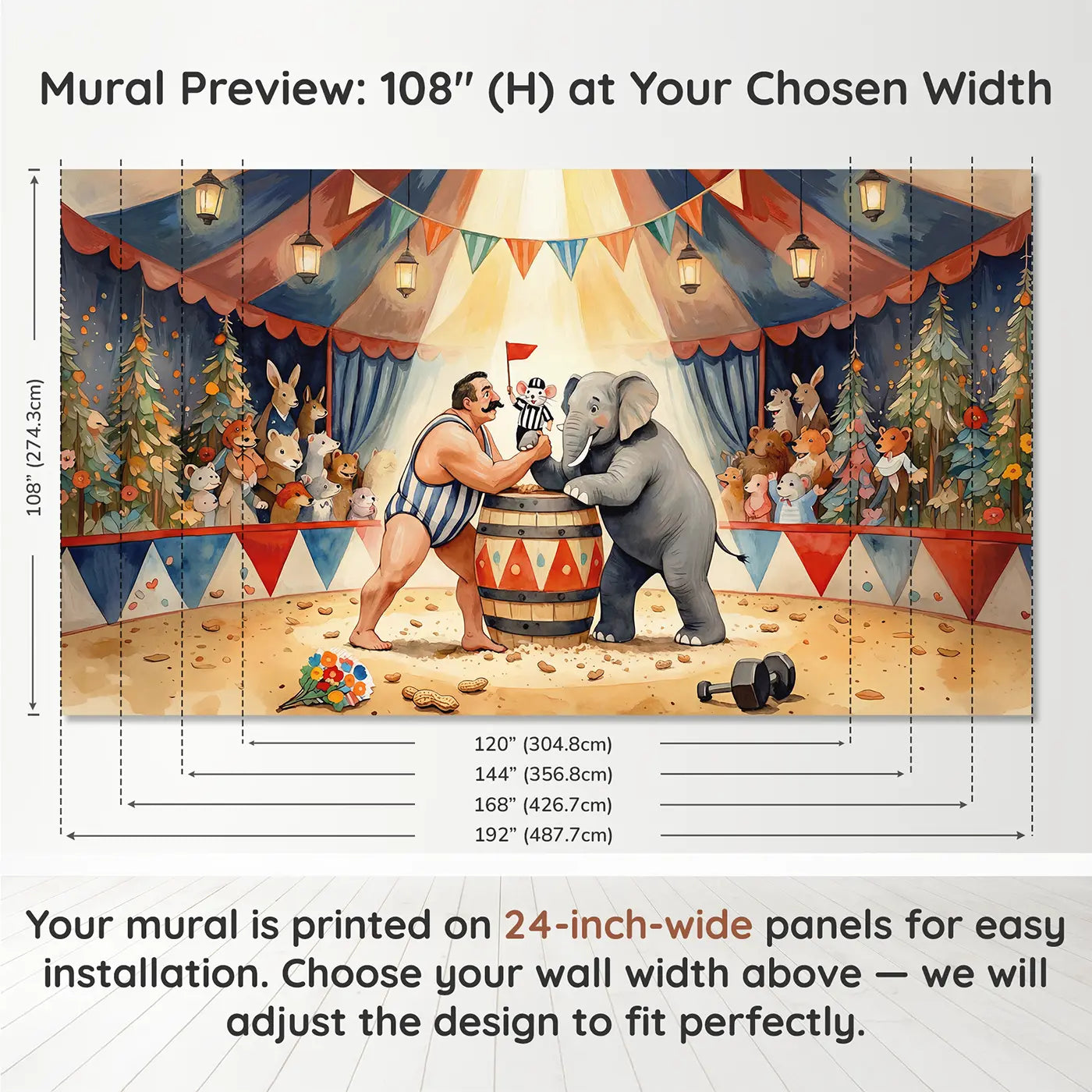 Panel layout and dimensions for Circus Strength Contest Wallpaper Mural by Whimsy Tots