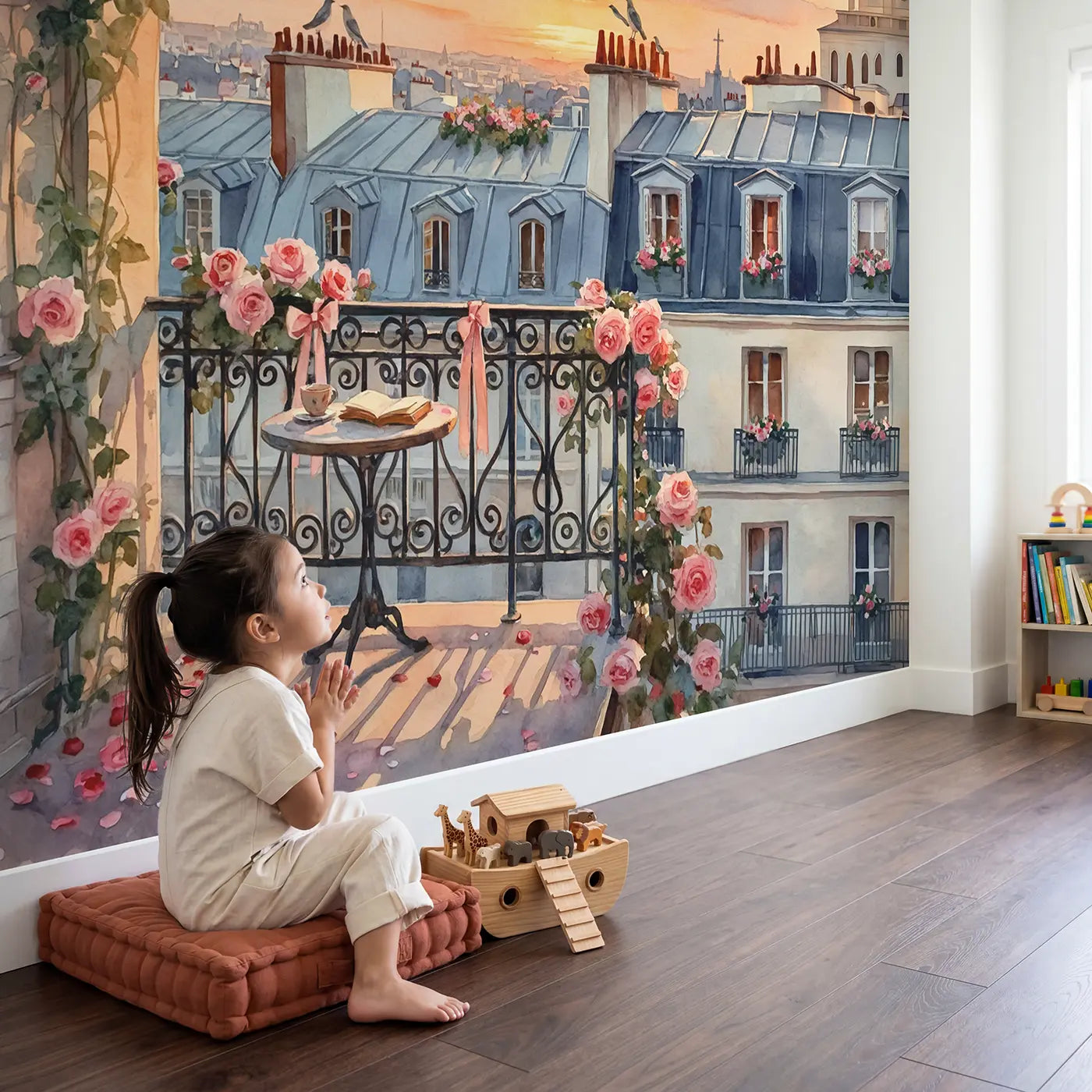 Child in nursery with Parisian Balcony Sunset Wallpaper Mural by Whimsy Tots