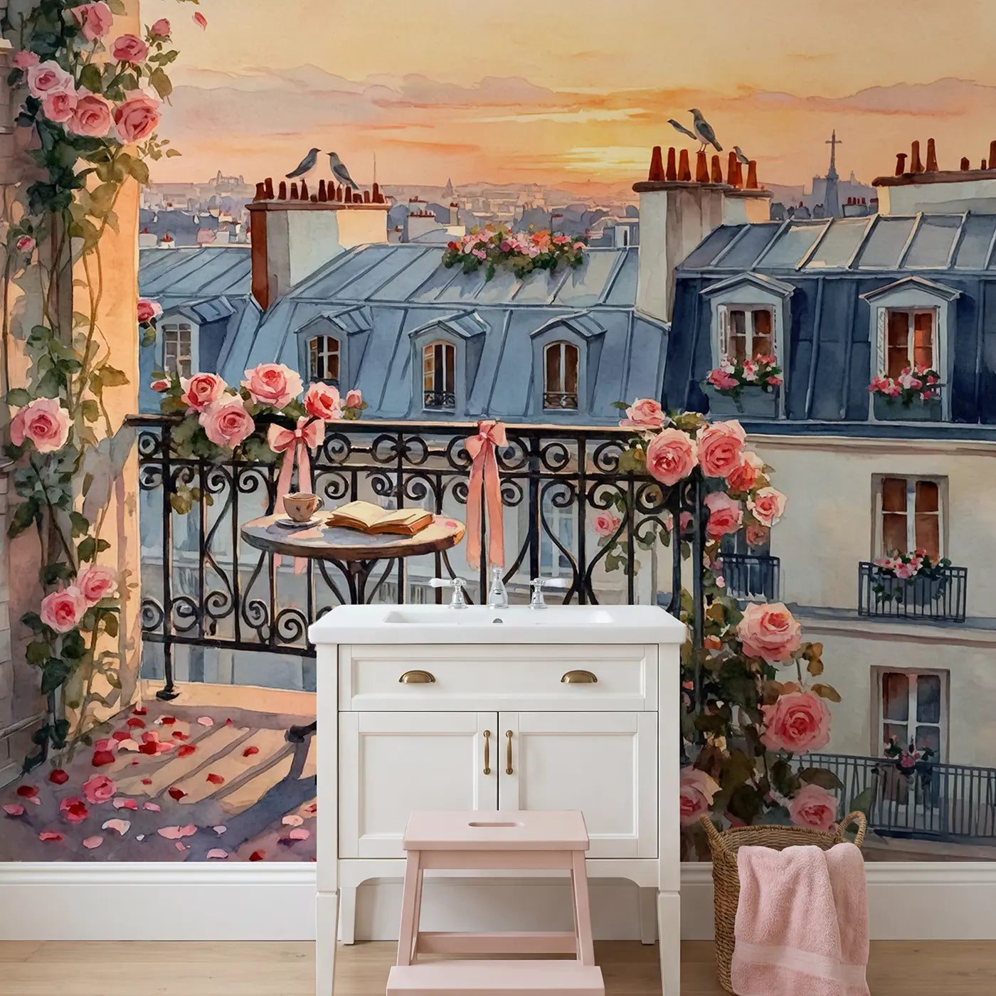 Parisian Balcony Sunset Wallpaper Mural in playroom setting by Whimsy Tots