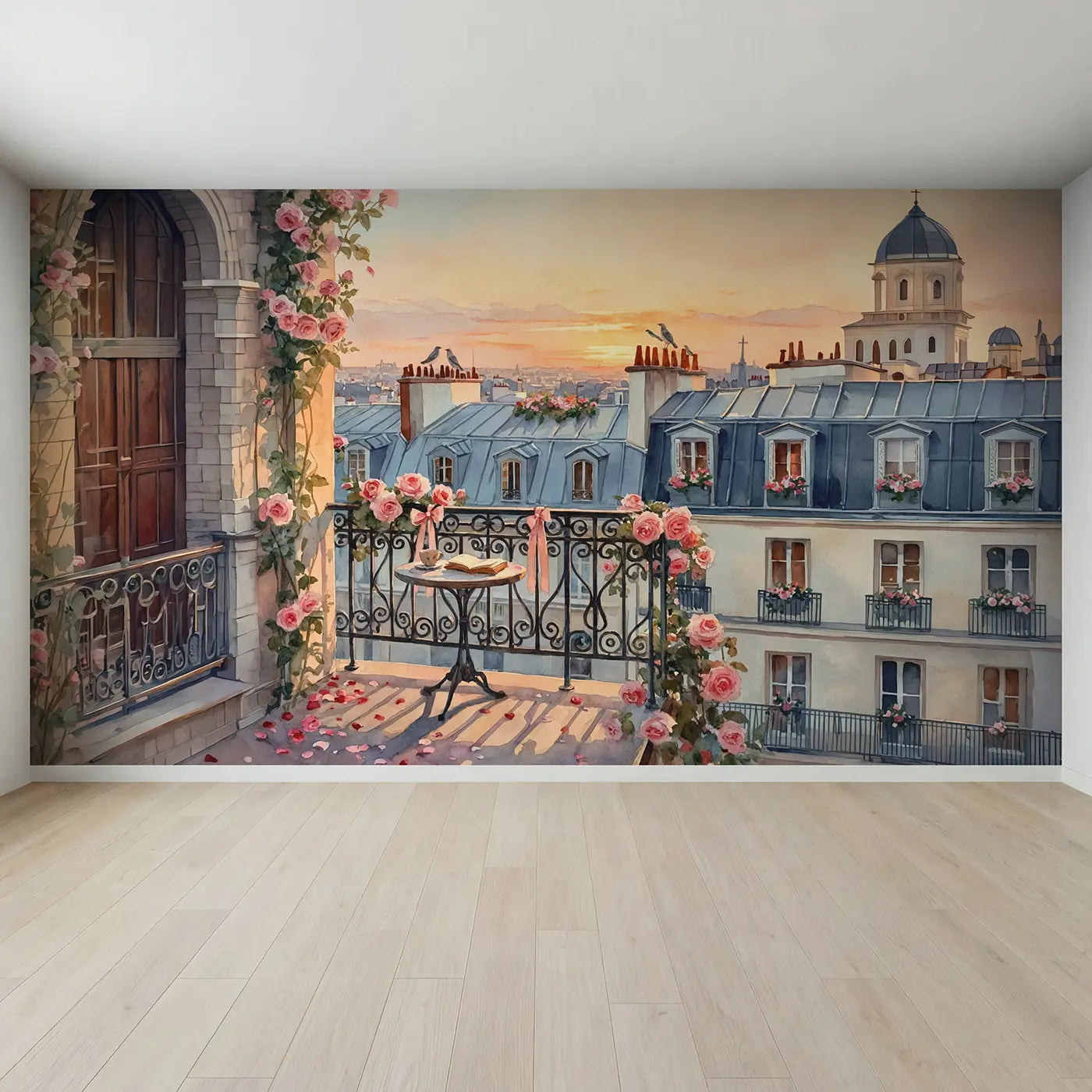 Full view of Parisian Balcony Sunset Wallpaper Mural by Whimsy Tots