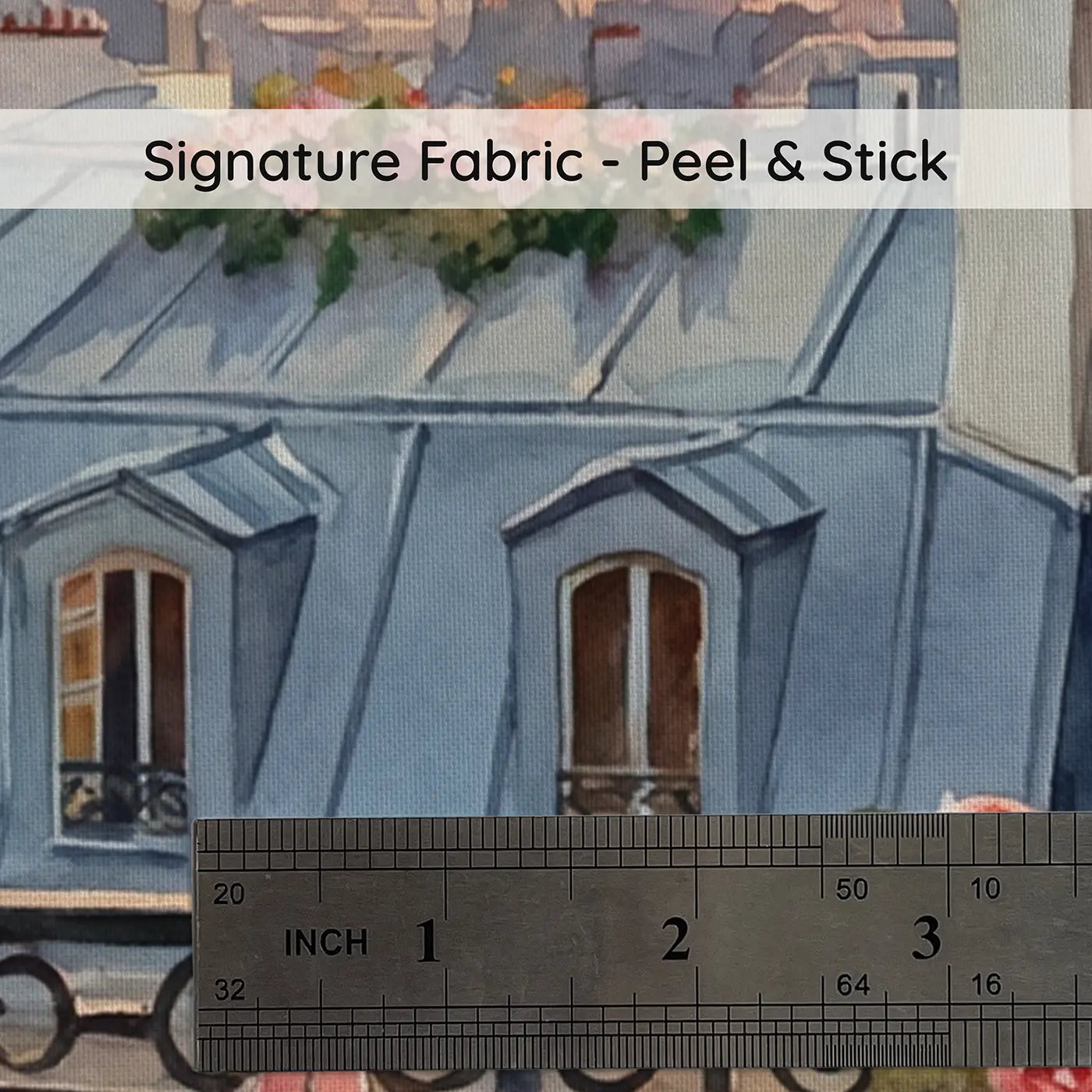 Fabric texture close-up of Parisian Balcony Sunset Wallpaper Mural by Whimsy Tots