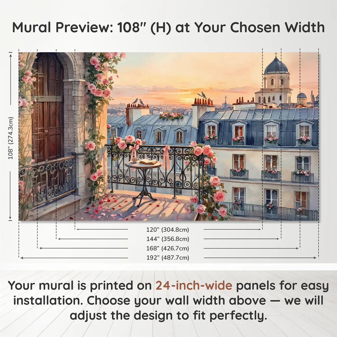 Panel layout and dimensions for Parisian Balcony Sunset Wallpaper Mural by Whimsy Tots