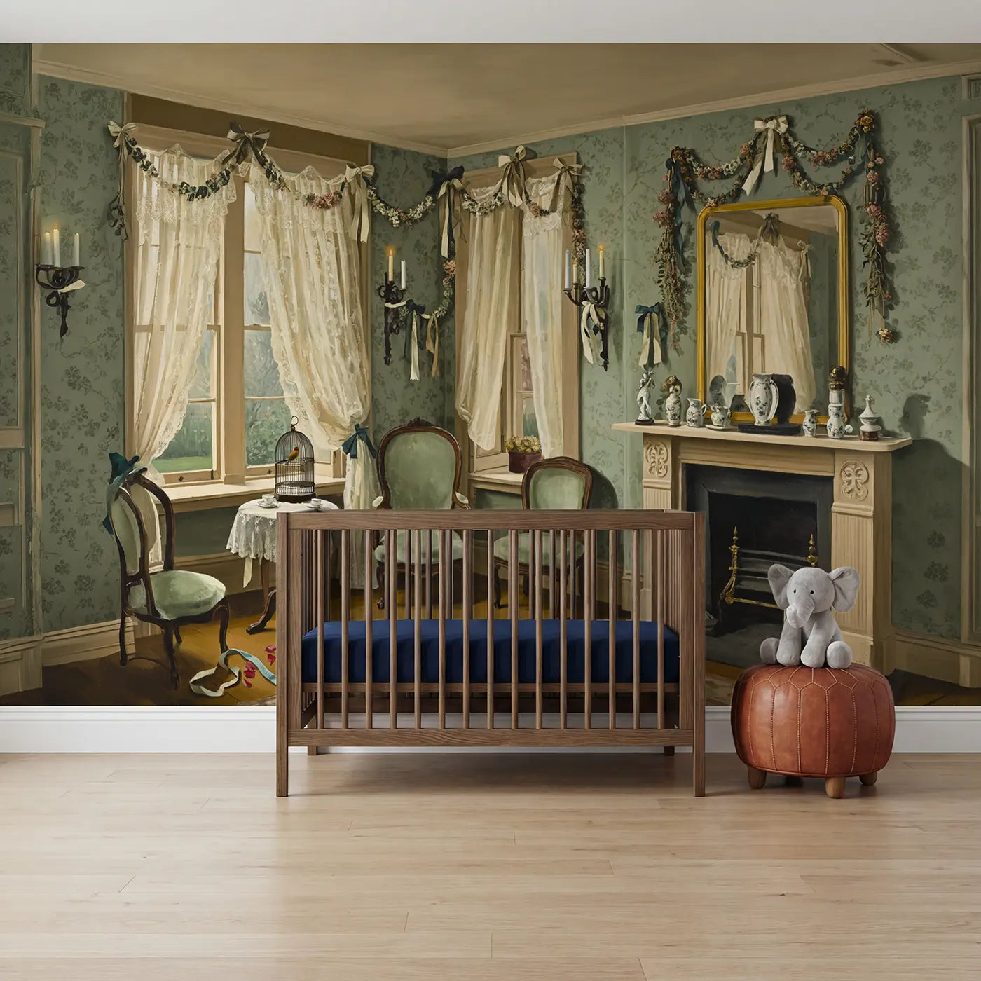 Modern Illustration Victorian parlor lace wallpaper mural for kids room by Whimsy Tots