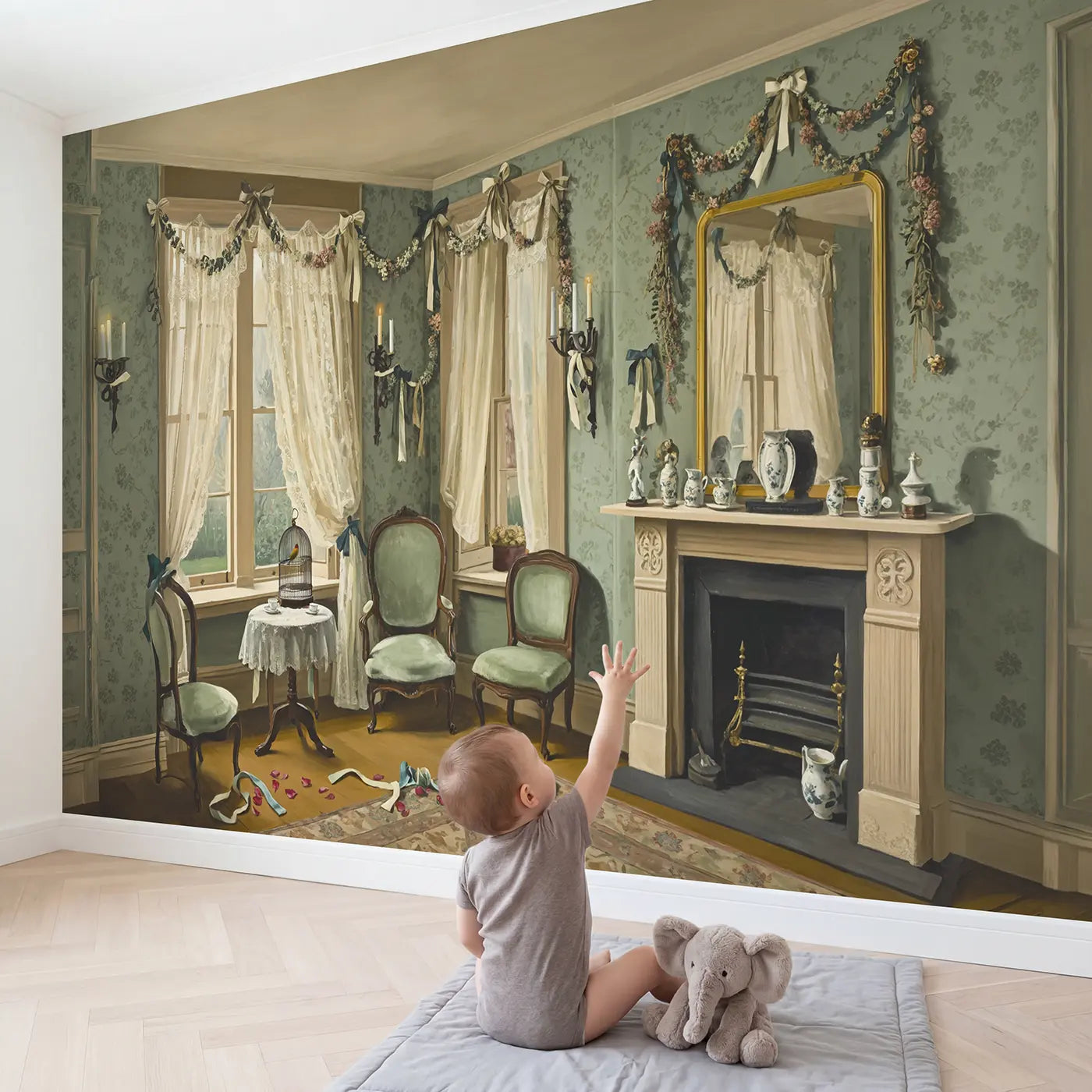 Child in nursery with Victorian Parlor Lace Wallpaper Mural by Whimsy Tots