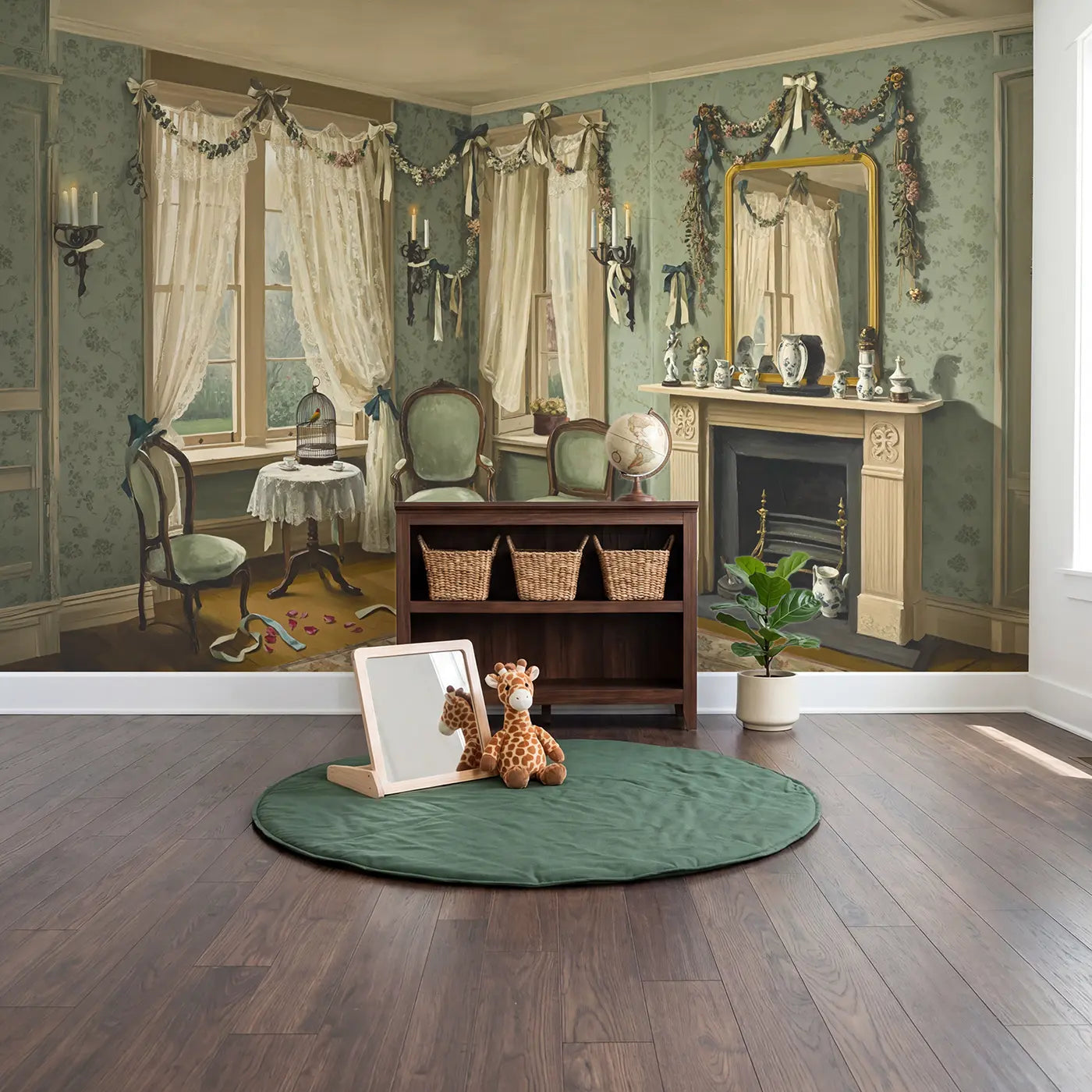 Victorian Parlor Lace Wallpaper Mural in playroom setting by Whimsy Tots