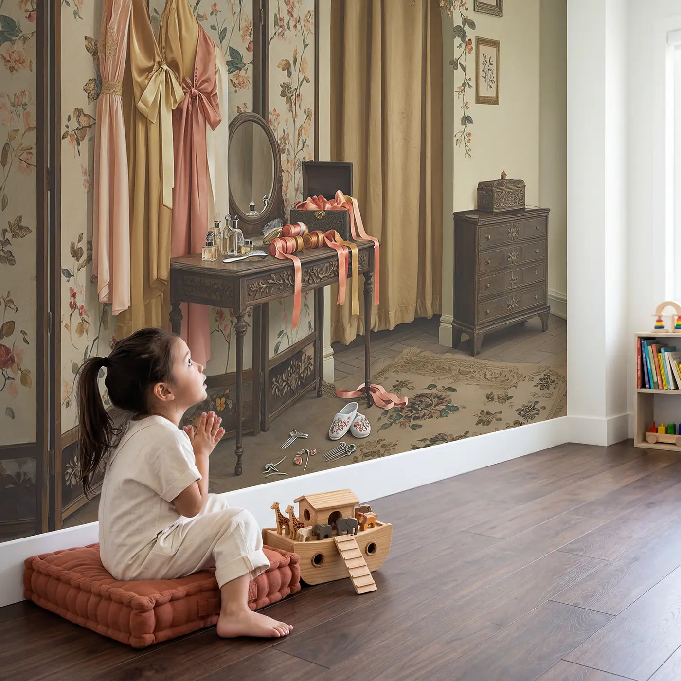Child in nursery with Theater Dressing Room Wallpaper Mural by Whimsy Tots