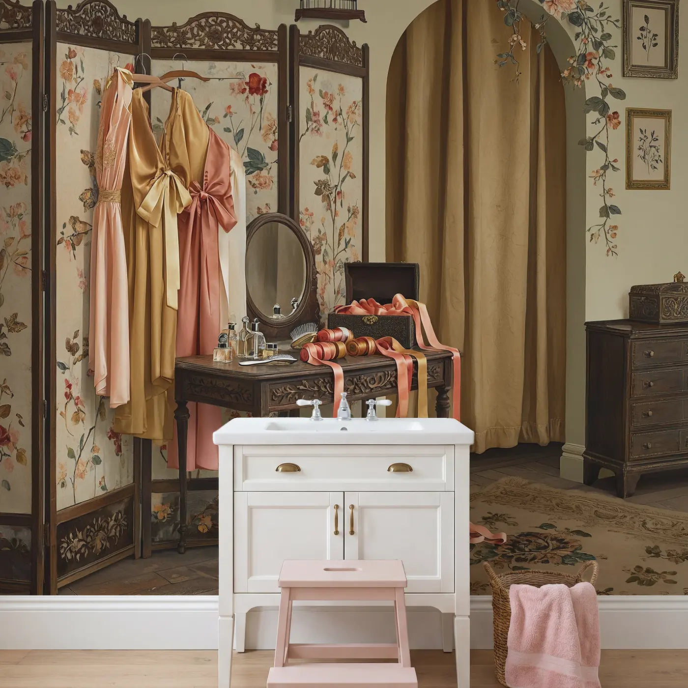 Theater Dressing Room Wallpaper Mural in playroom setting by Whimsy Tots
