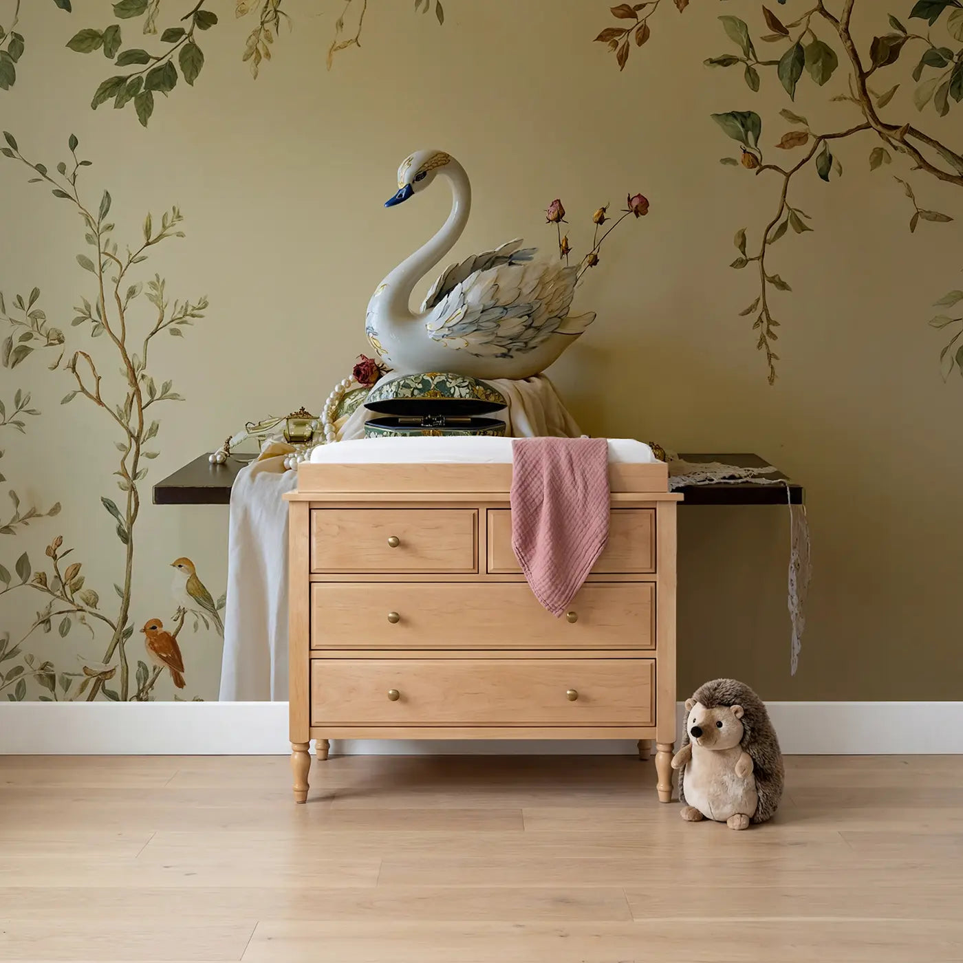 Botanical Elegance swan music box shelf wallpaper mural for girls room by Whimsy Tots