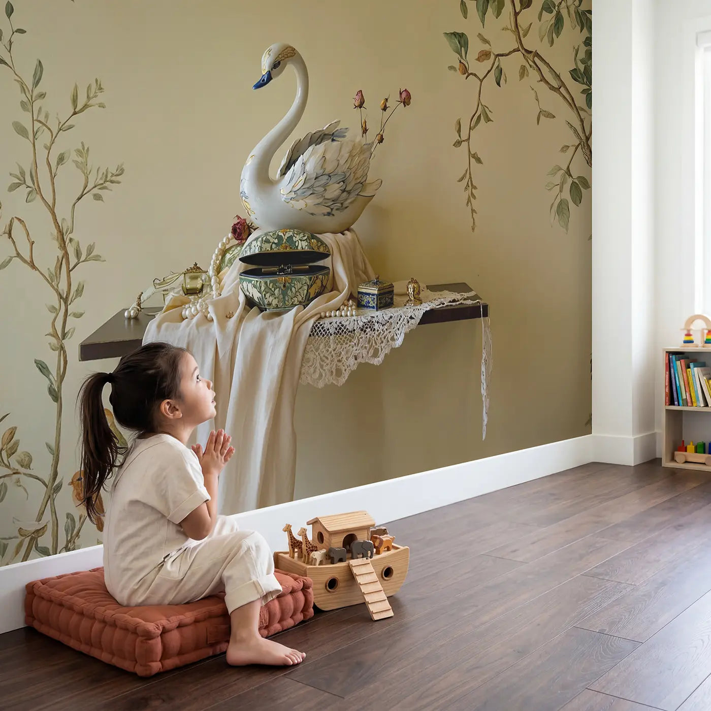 Child in nursery with Swan Music Box Shelf Wallpaper Mural by Whimsy Tots