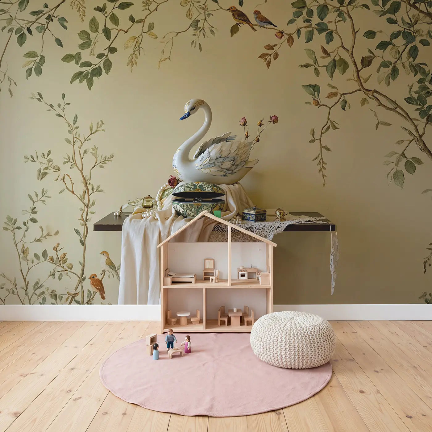 Swan Music Box Shelf Wallpaper Mural in playroom setting by Whimsy Tots