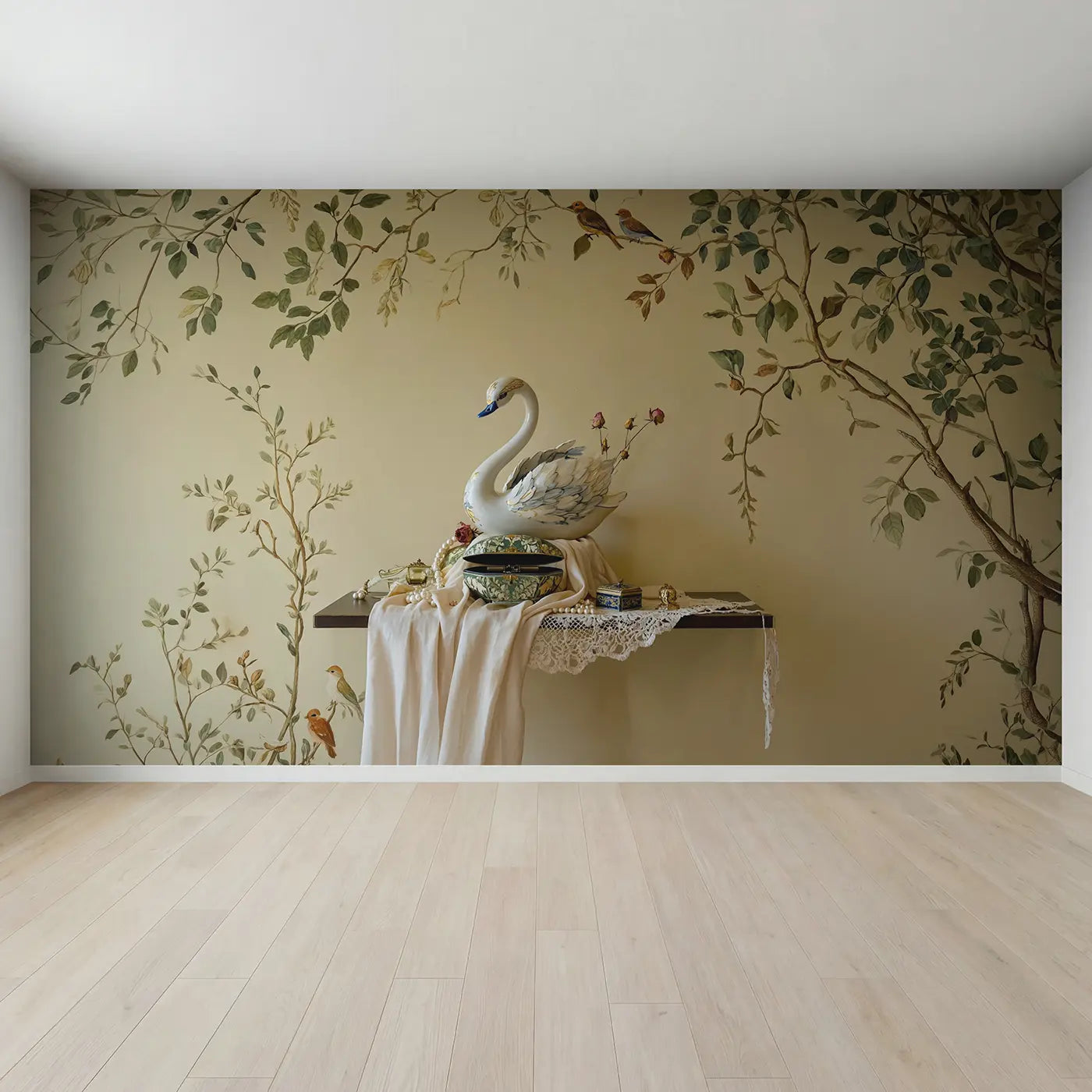 Full view of Swan Music Box Shelf Wallpaper Mural by Whimsy Tots