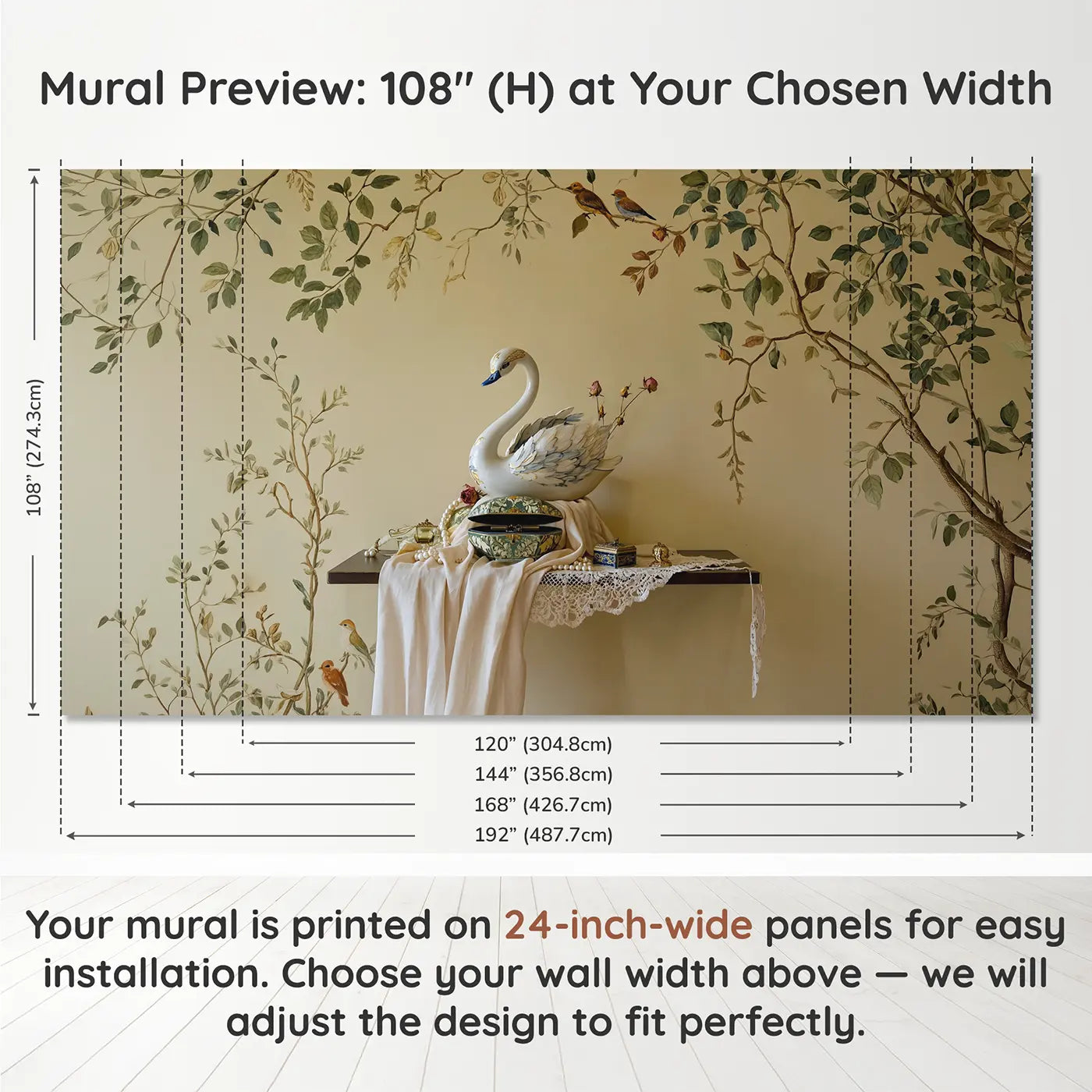 Panel layout and dimensions for Swan Music Box Shelf Wallpaper Mural by Whimsy Tots