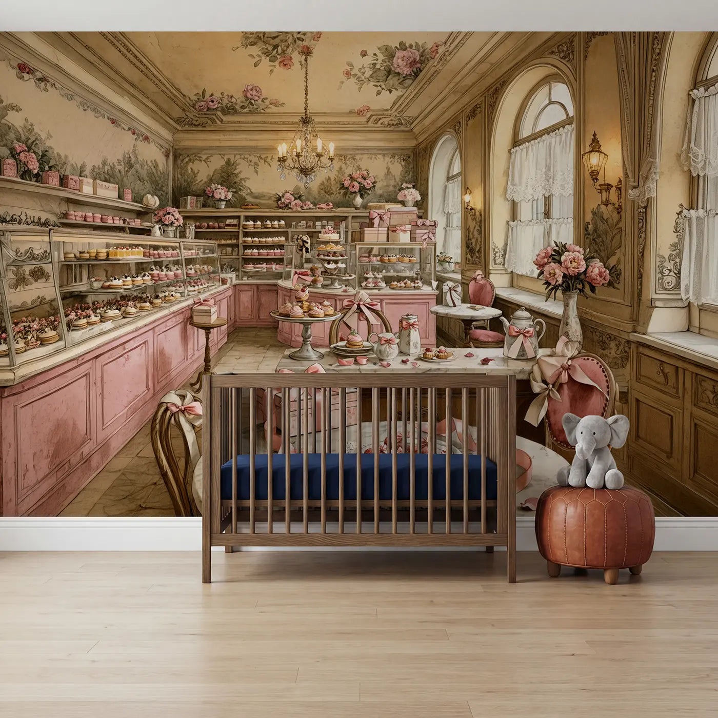 Storybook vintage patisserie interior wallpaper mural for nursery by Whimsy Tots