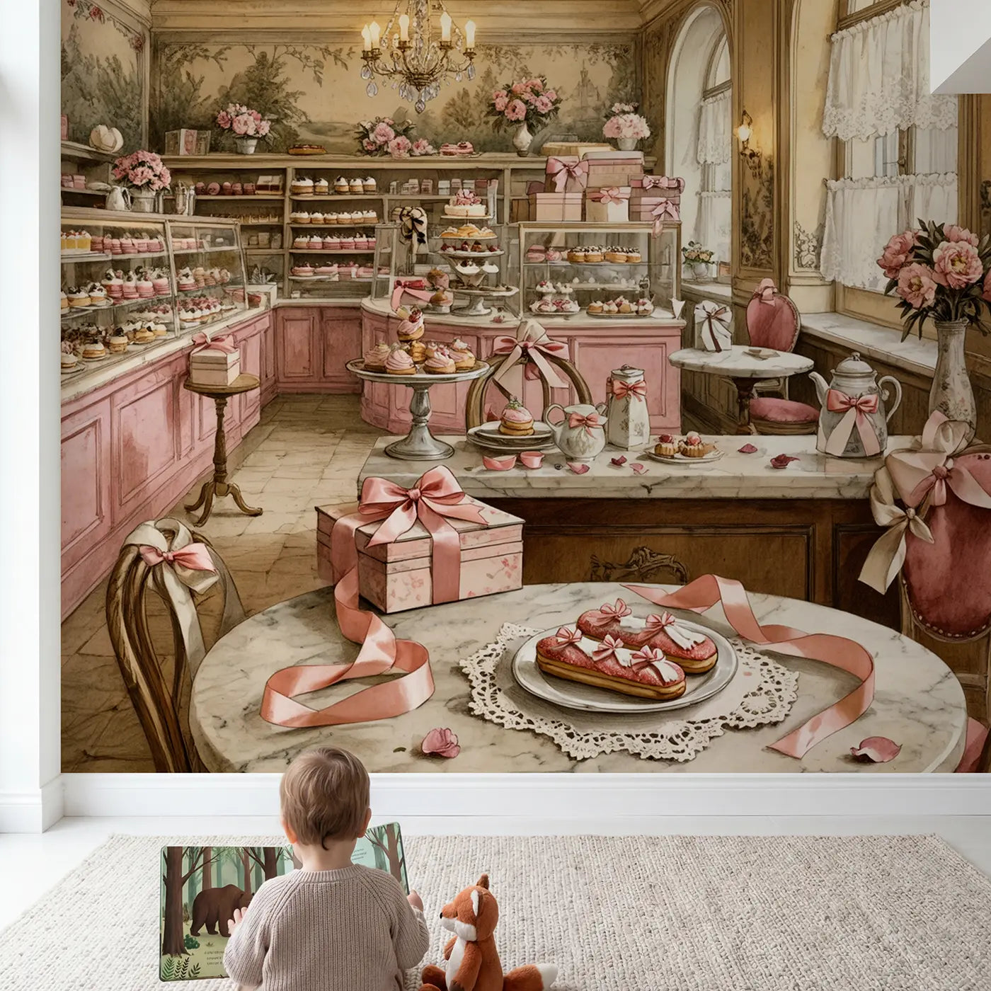 Child in nursery with Vintage Patisserie Bow Display Wallpaper Mural by Whimsy Tots